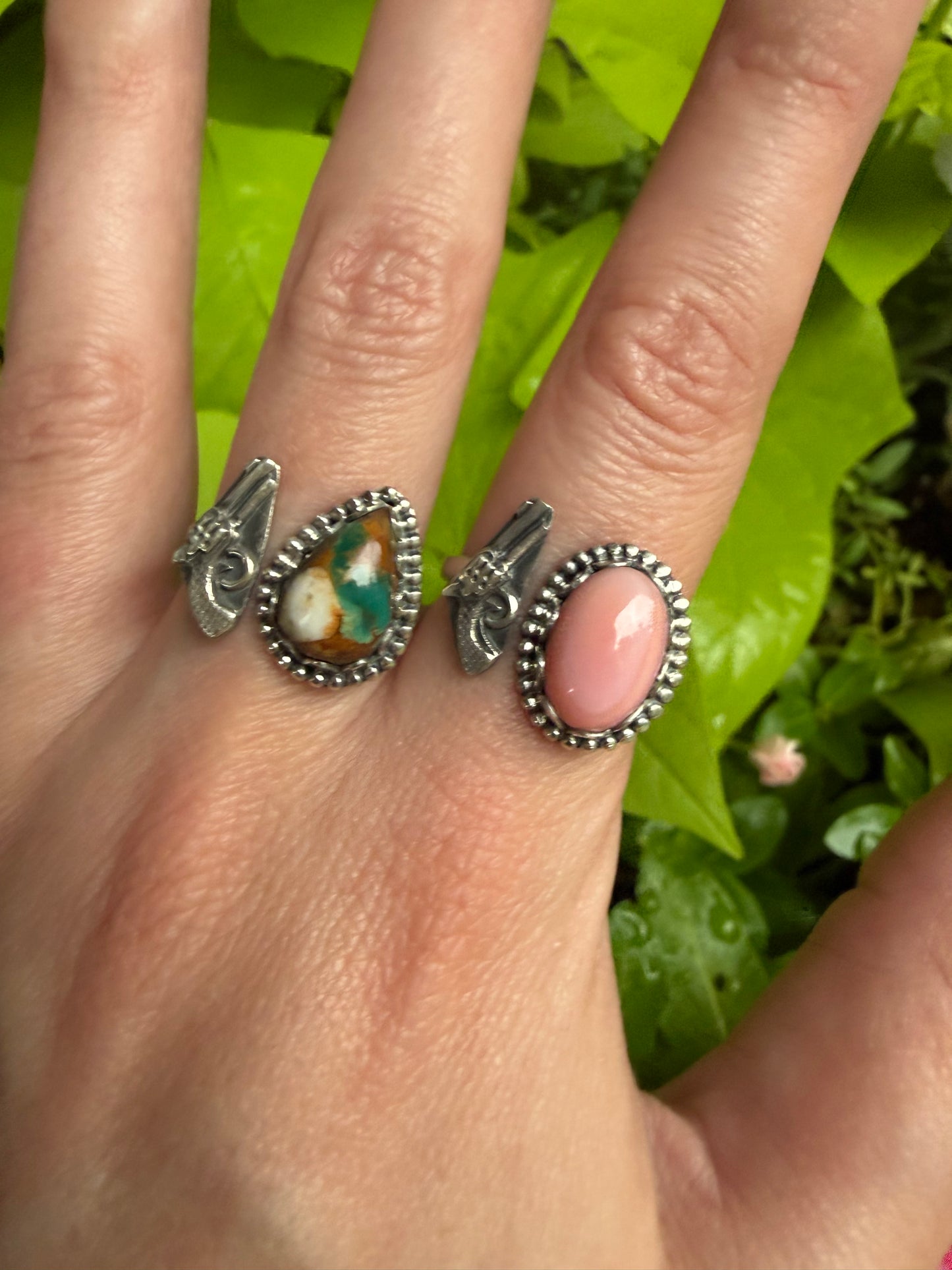 Kingman Turquoise or Pink Conch Pistol Sterling Silver Floater Ring