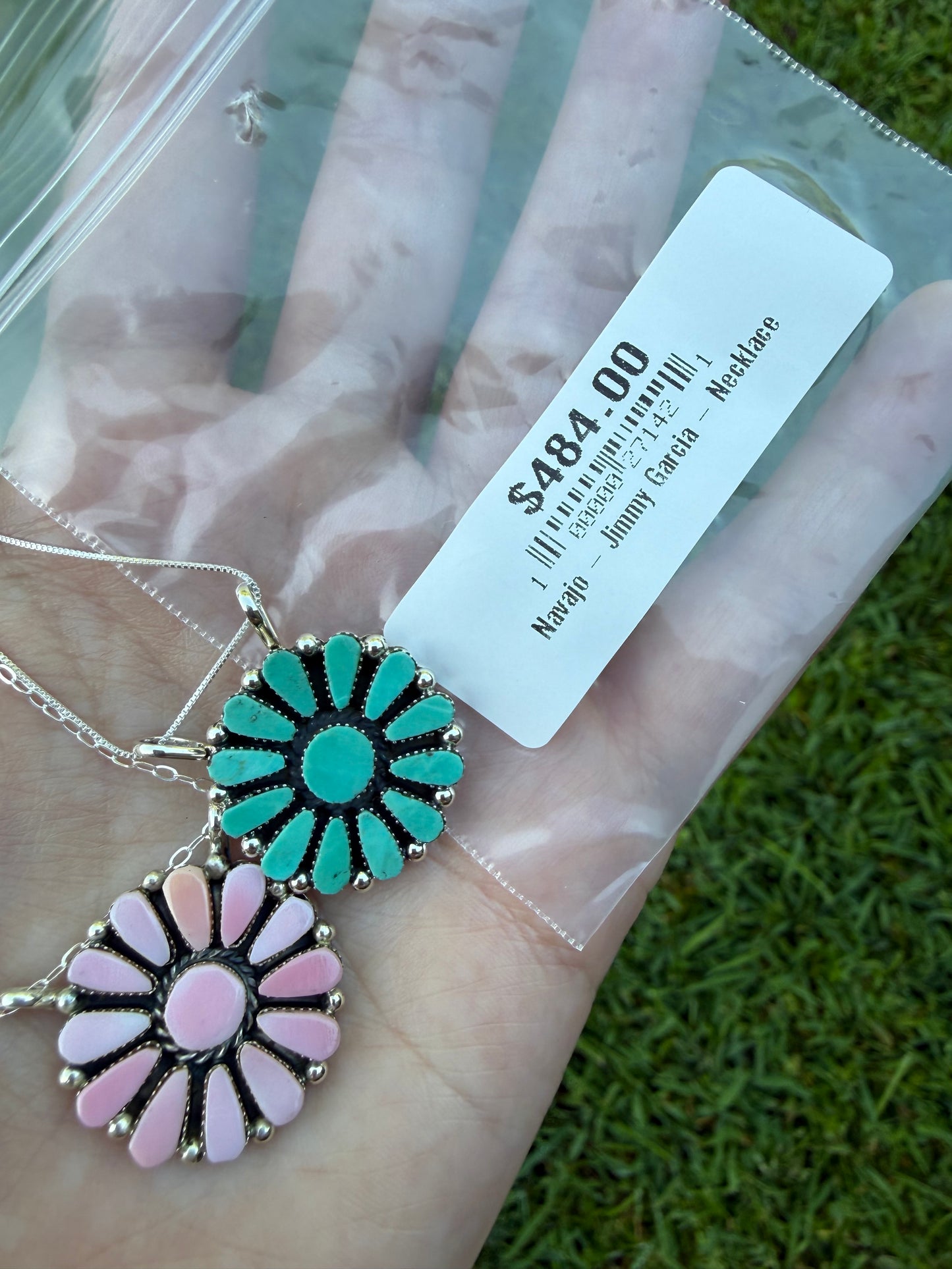 Navajo Turquoise or Pink Conch Full Flower Sterling Silver Necklace