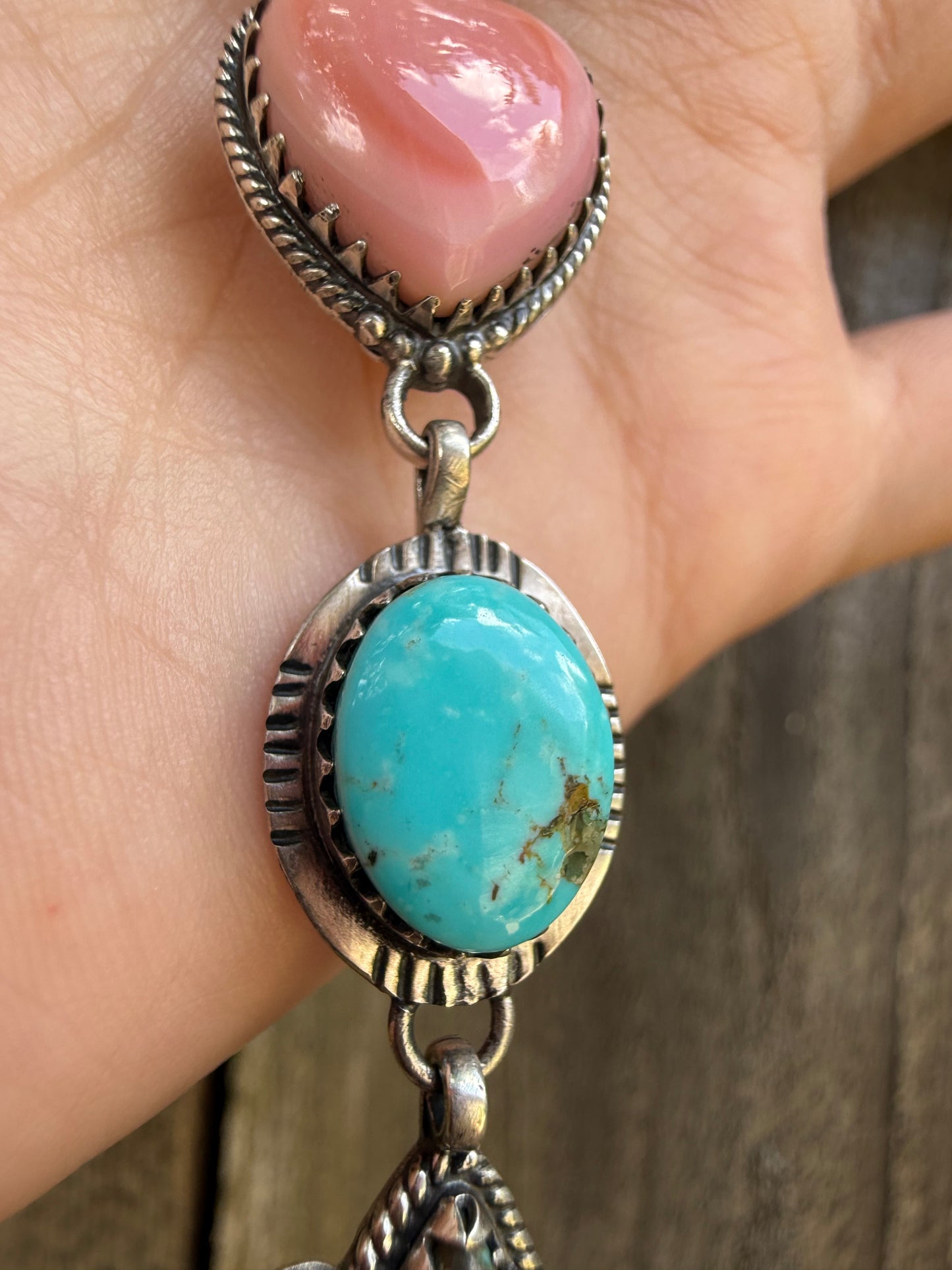 Multi Stone Orange spiny, pink Conch, Turquoise Sterling Silver Lariat