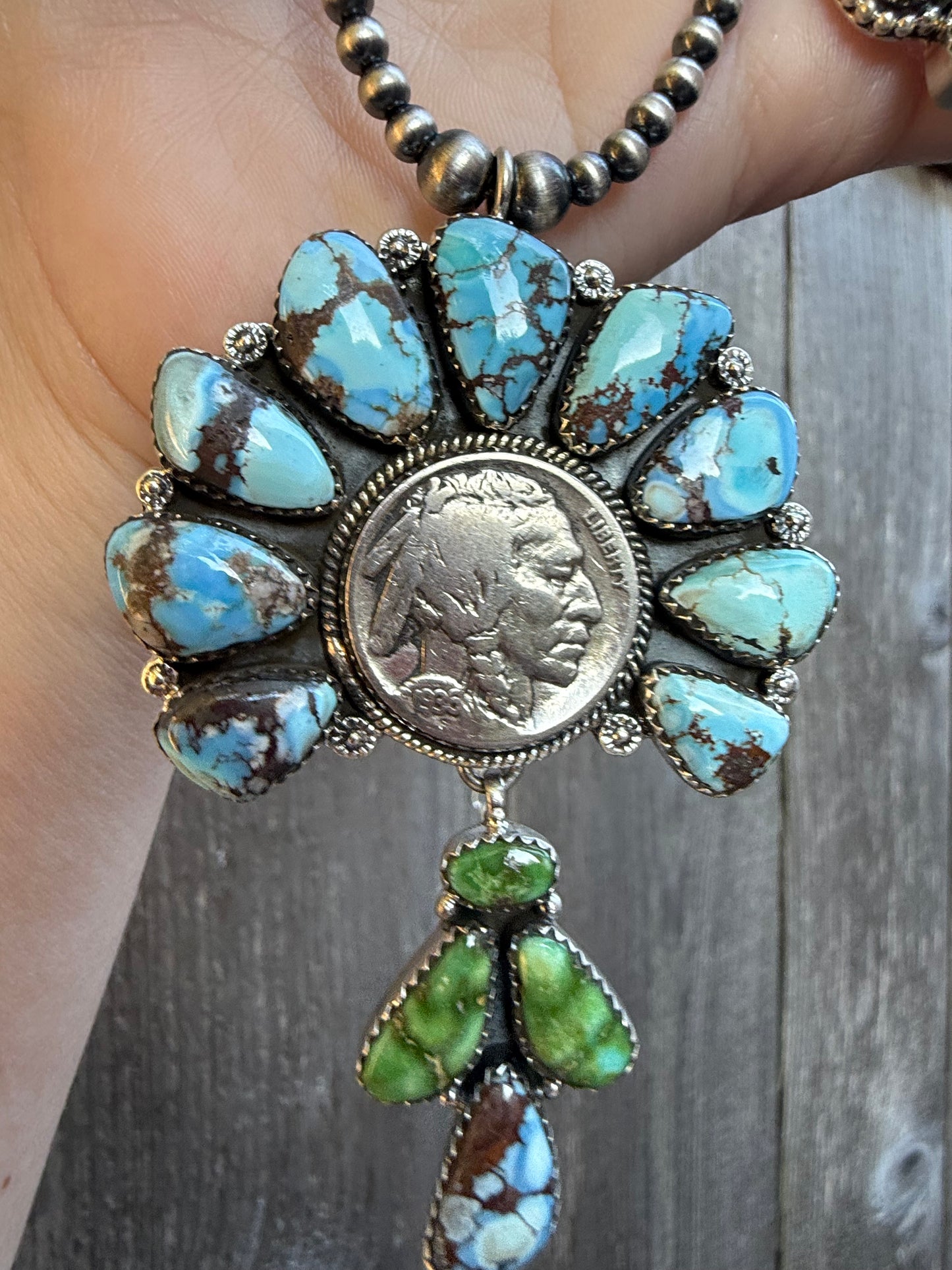 Liberty Coin Golden Hills and Sonoran Gold Turquoise Statement Sterling Silver Necklace