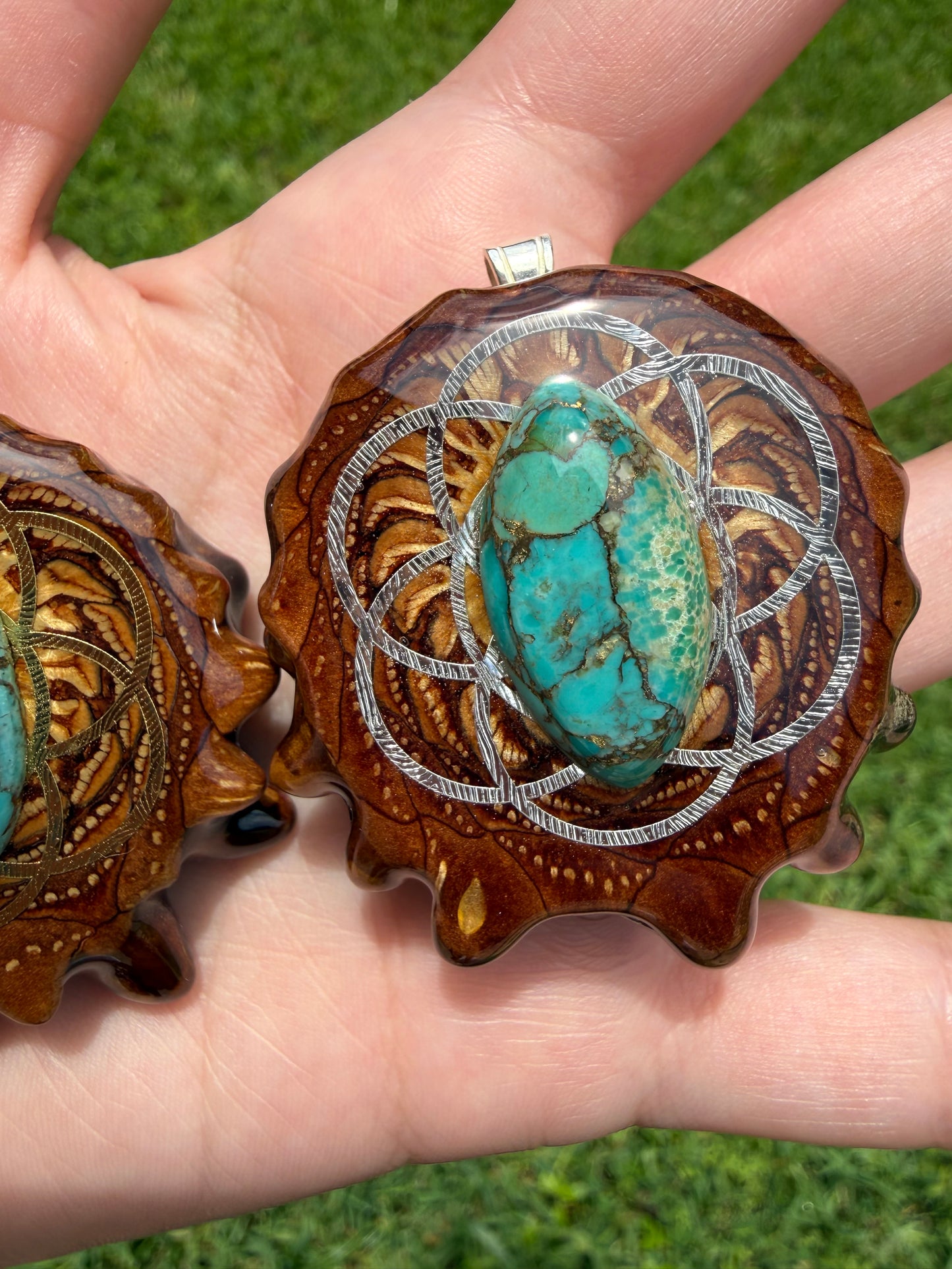Blue Mohave Turquoise with Seed of Life Pinecone Pendant Necklace