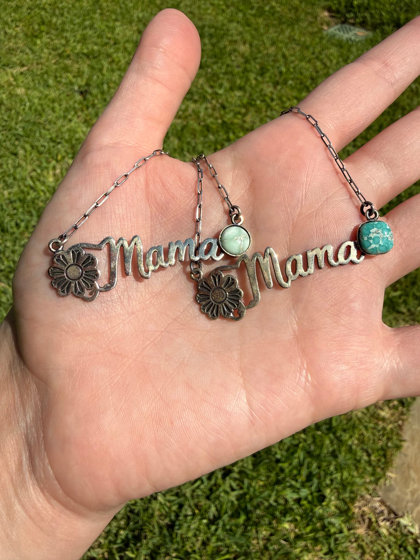 Mama Turquoise Bar With Flower Accent Sterling Silver Necklace