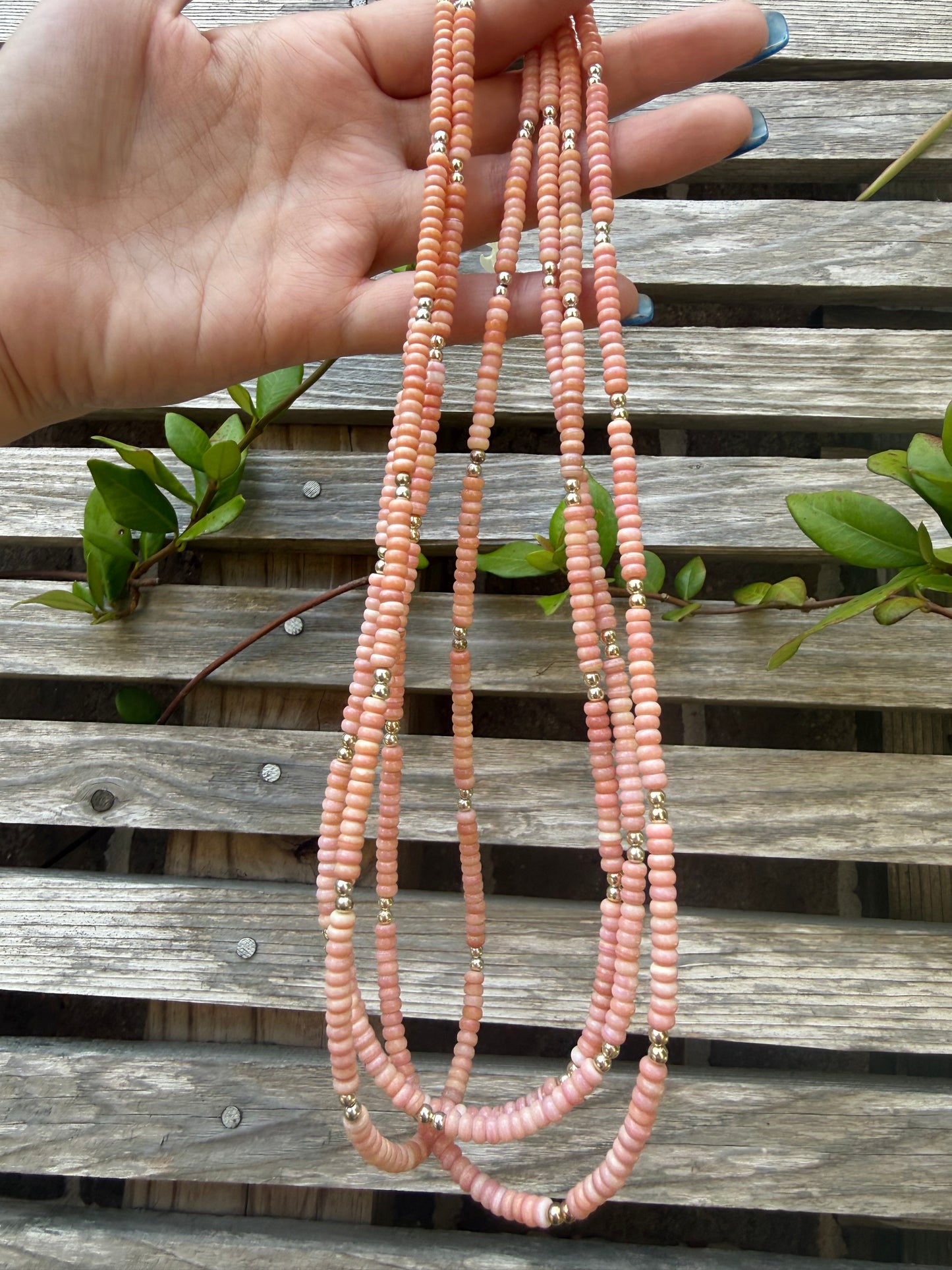 Navajo Strung Pink Conch And Sterling Silver Pearl Stacker Necklace