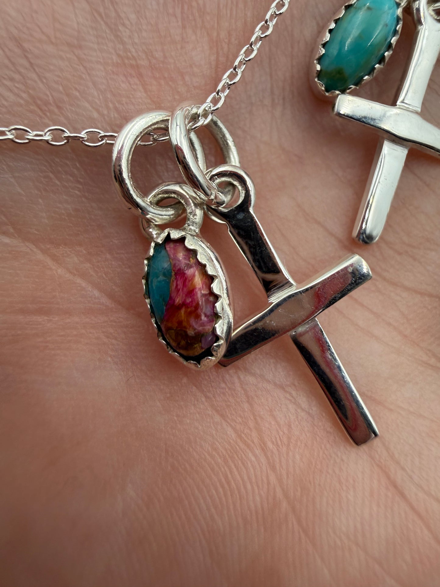 Sterling Silver Cross And Gemstone Charm Necklaces
