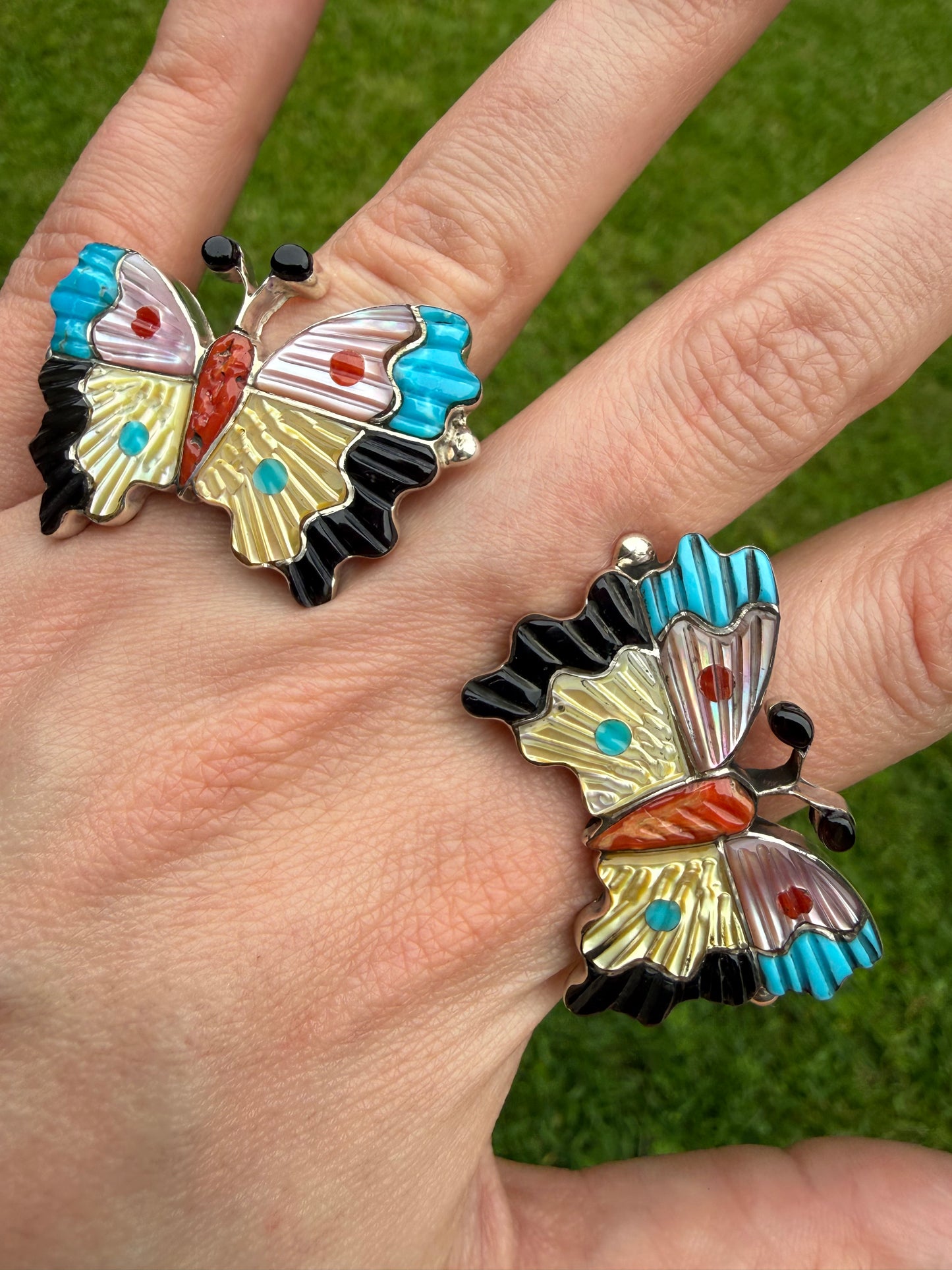 Zuni Butterfly Inlay Sterling Silver Multi Stone Ring