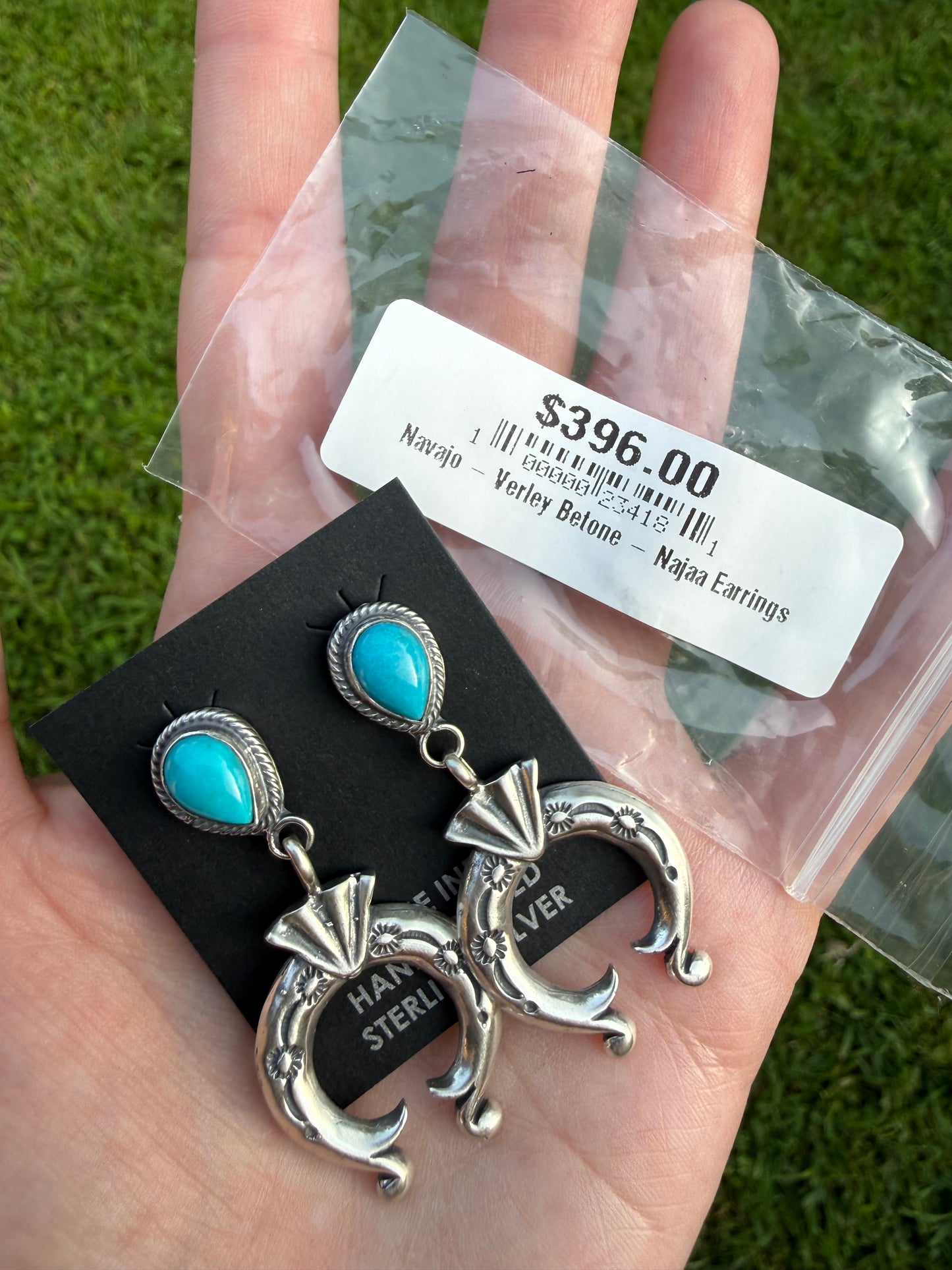 Navajo Turquoise Tear Drop Dangle Naja Sterling Silver Earrings