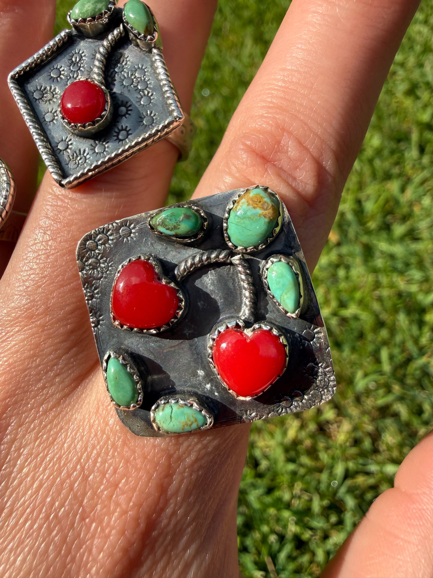 Kingman Turquoise and Red Rosarita Cherry Sterling Silver Adjustable Ring
