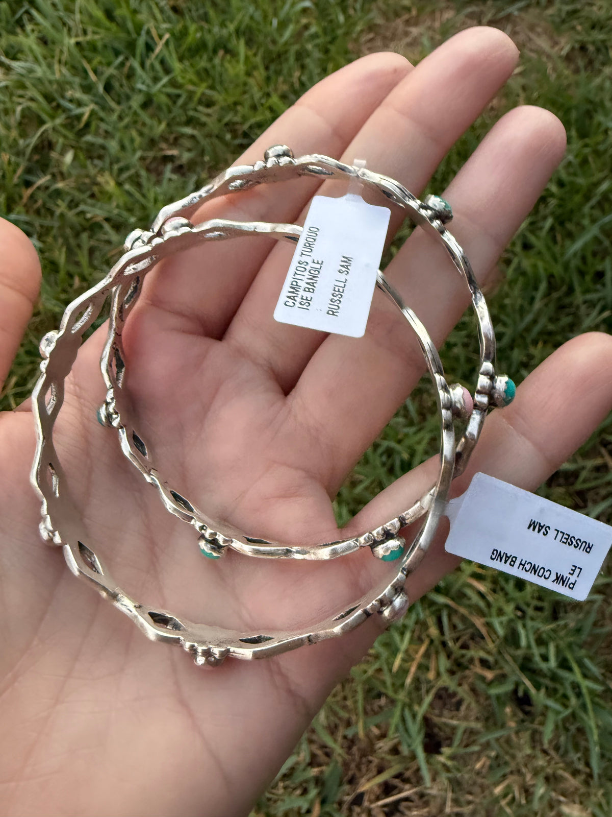 Navajo Turquoise or Pink Conch Sterling Silver Bangle Bracelet by Russel Sam
