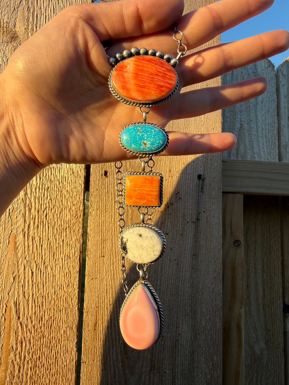 Navajo Multi Stone Big Lariat Sterling Silver Handmade Necklace By Vicky Hicks