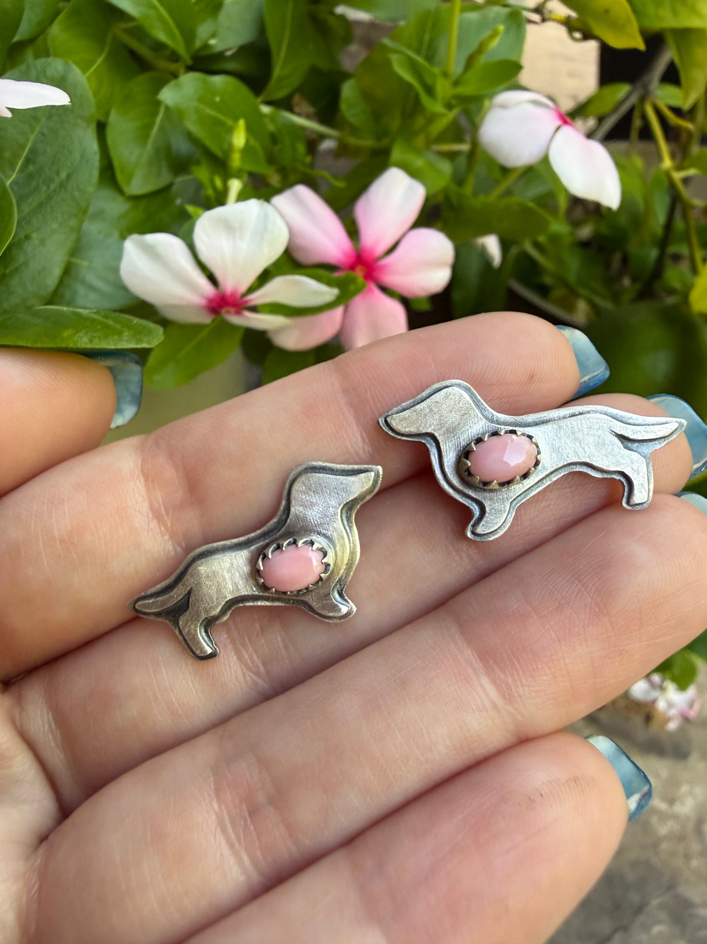 Pink Conch Dachshund Weenie Dog Sterling Silver Earrings