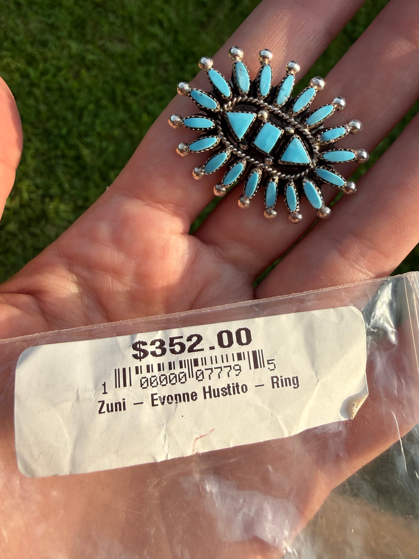 Zuni Turquoise Needlepoint Cluster Full Flower Sterling Silver Ring