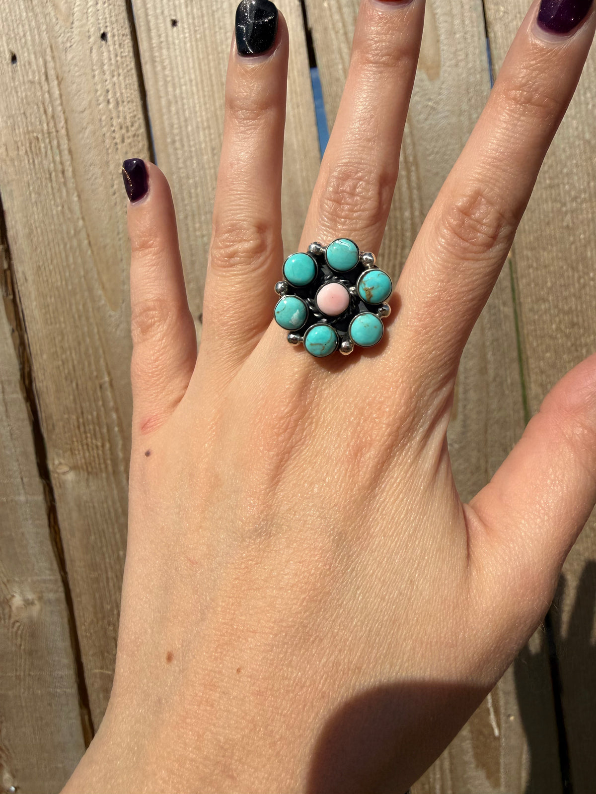 Navajo Turquoise and Pink Conch Full Flower Sterling Silver Ring - Size 6
