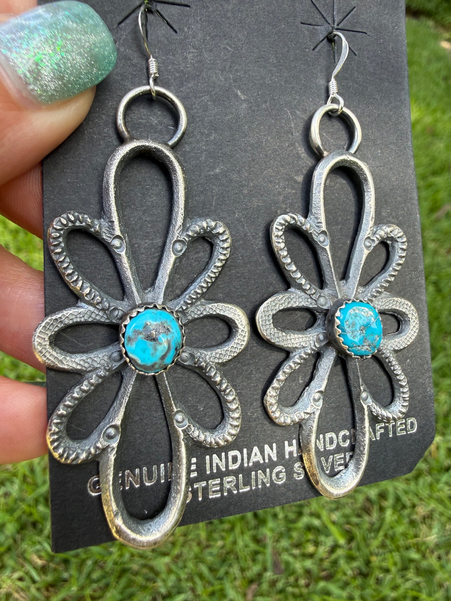 Navajo Turquoise Sterling Silver Big Flower Dangle Earrings