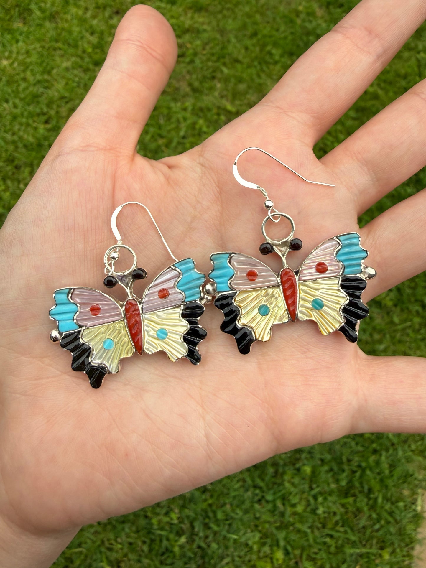 Zuni Butterfly Inlay Sterling Silver Multi Stone Earrings by Tamara Pinto
