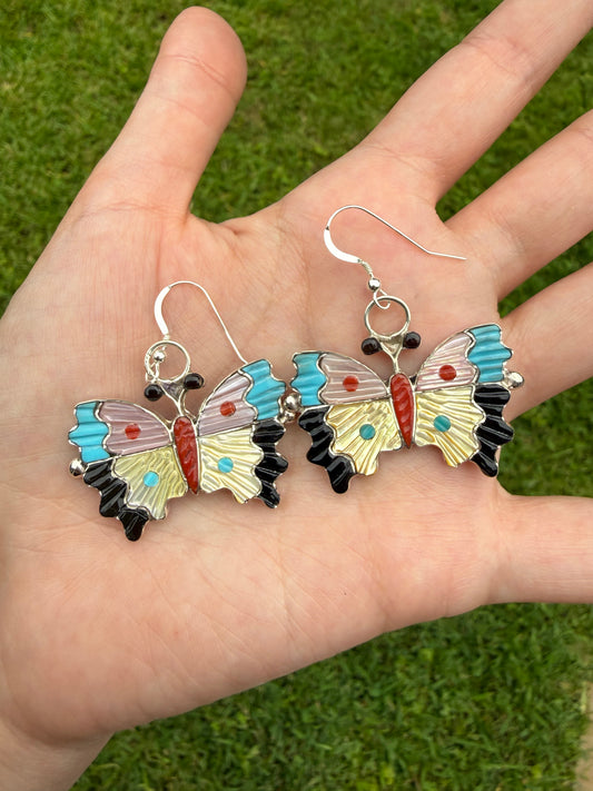 Zuni Butterfly Inlay Sterling Silver Multi Stone Earrings by Tamara Pinto