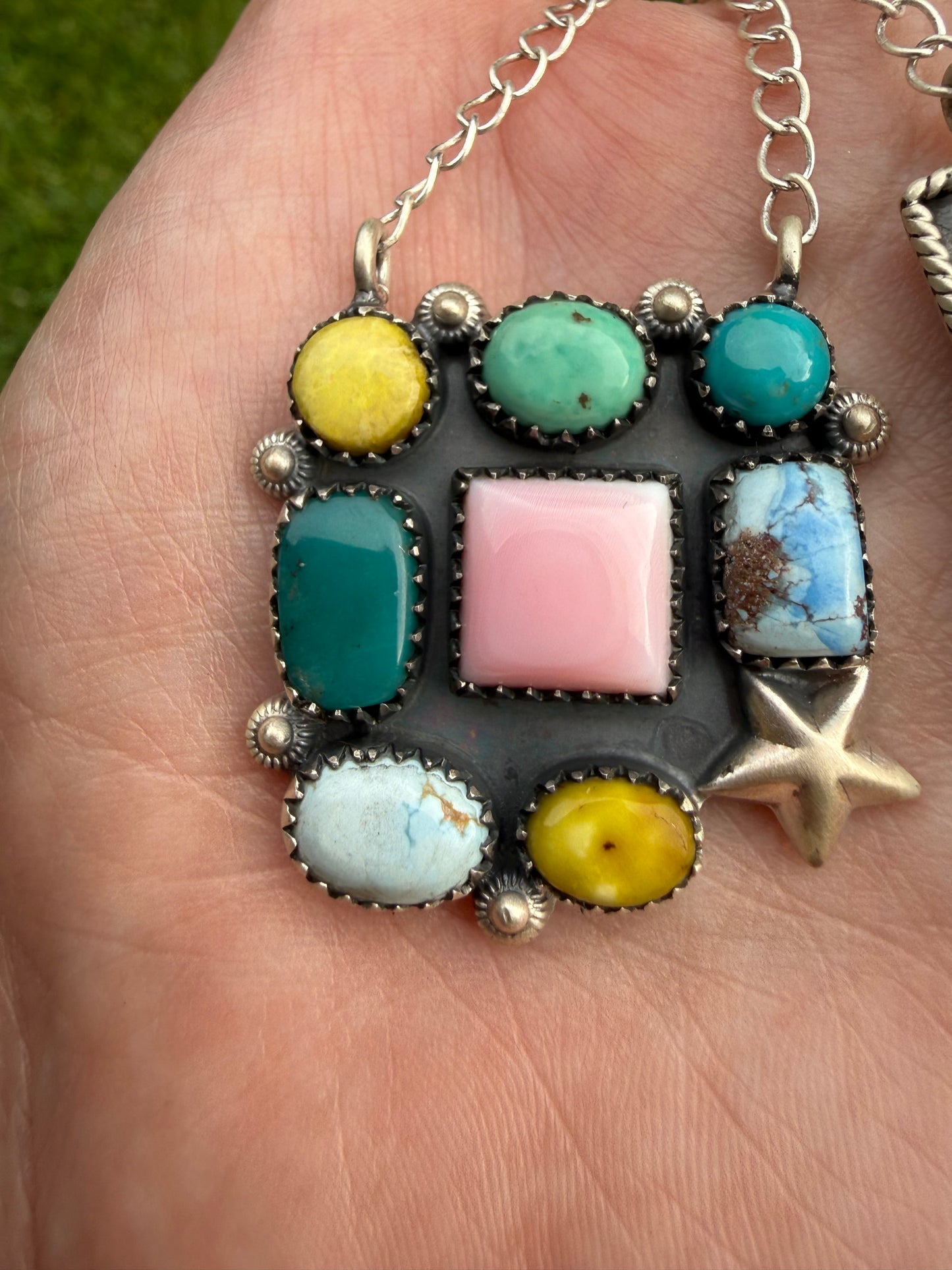 Multi Stone Star Cluster Square Sterling Silver Pendant