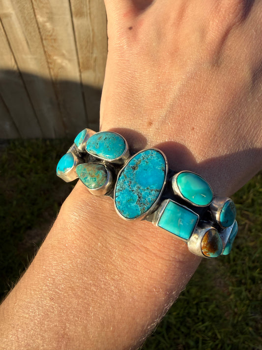 Navajo Turquoise Natural Stone Cluster Cuff Sterling Silver Bracelet