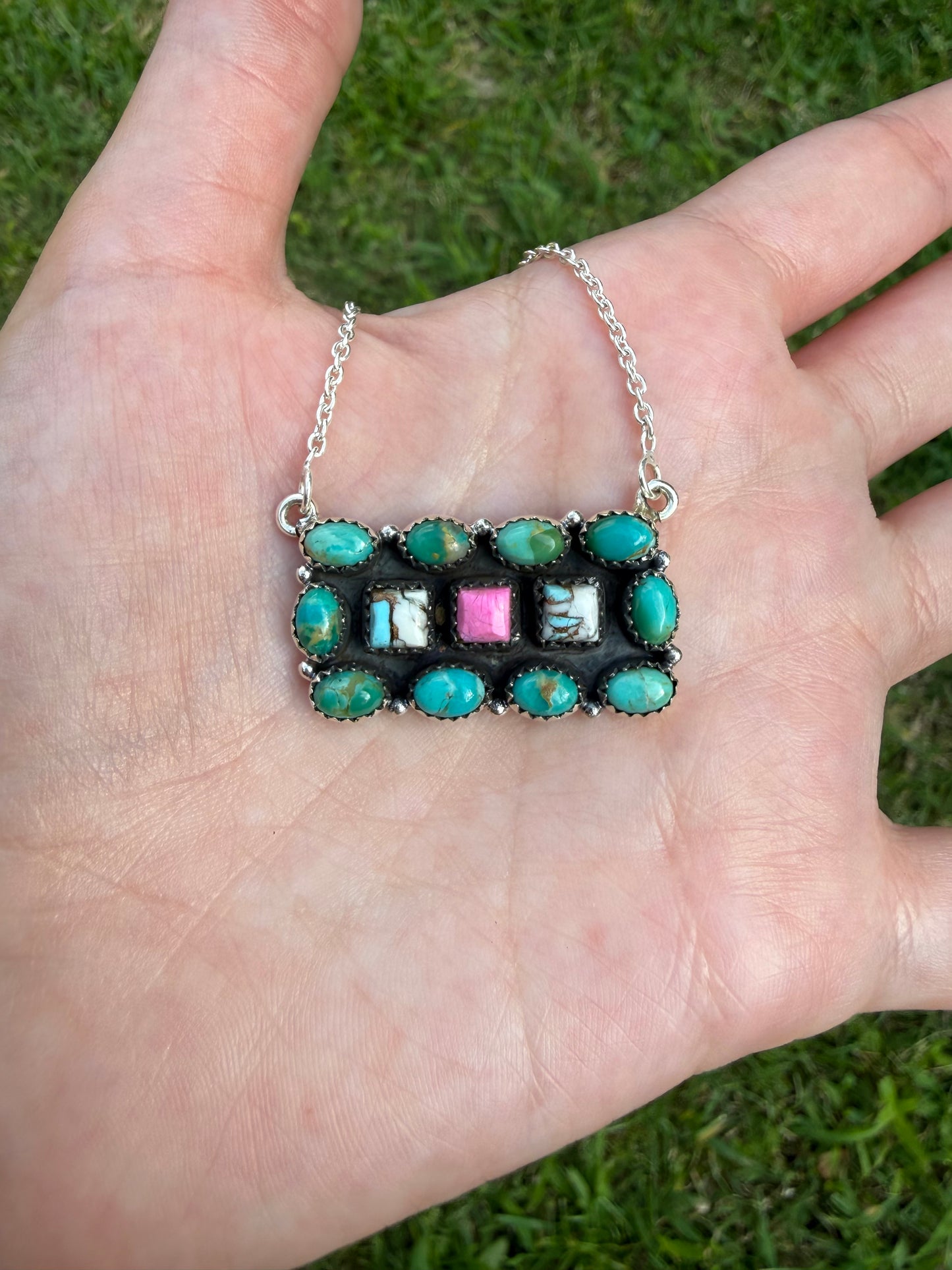 Kingman and Cotton Candy Turquoise Unique Bar Sterling Silver Necklace