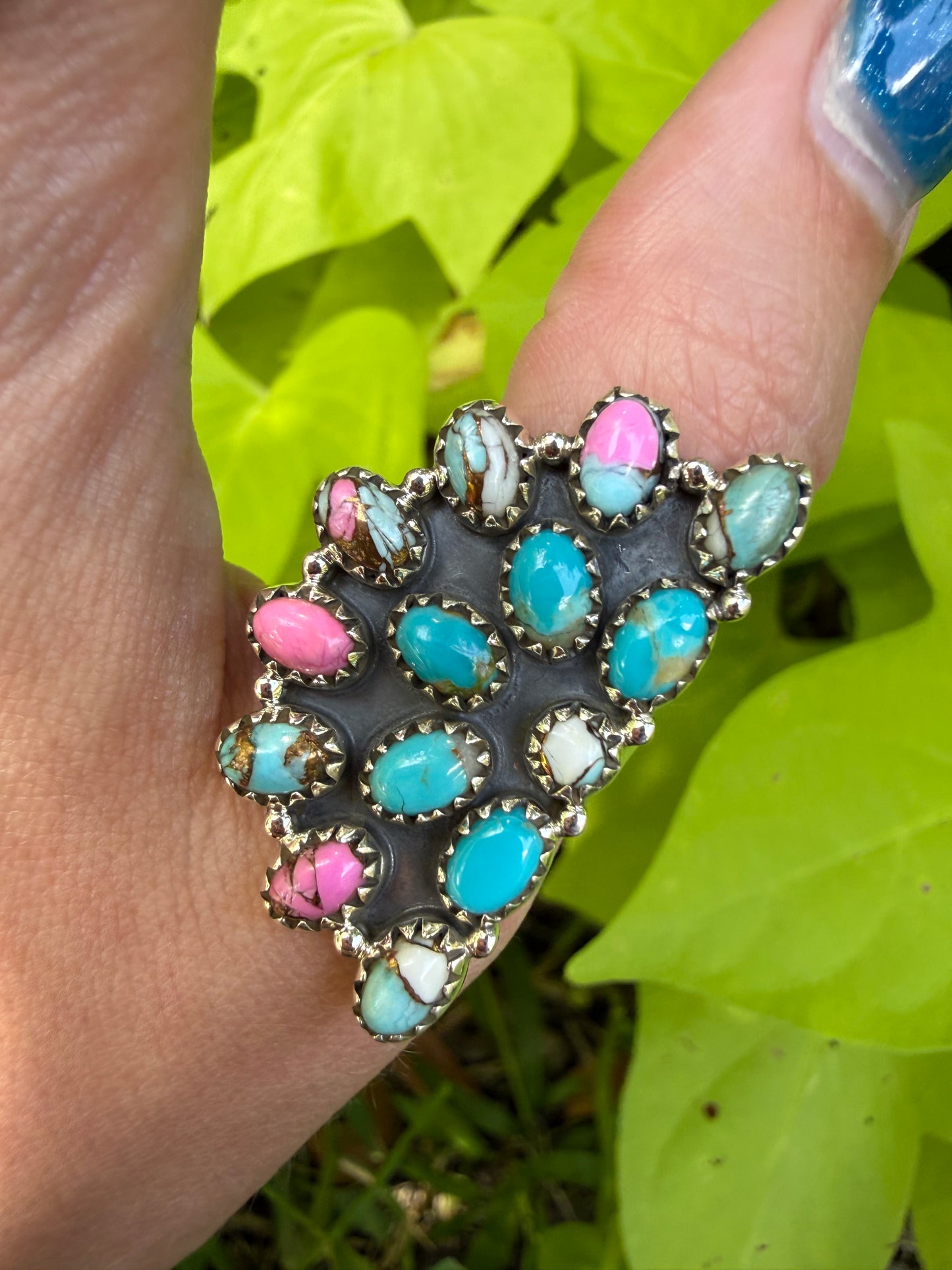 Cotton Candy, Kingman Turquoise, White Buffalo Half Circle Cluster Sterling Silver Adjustable Ring