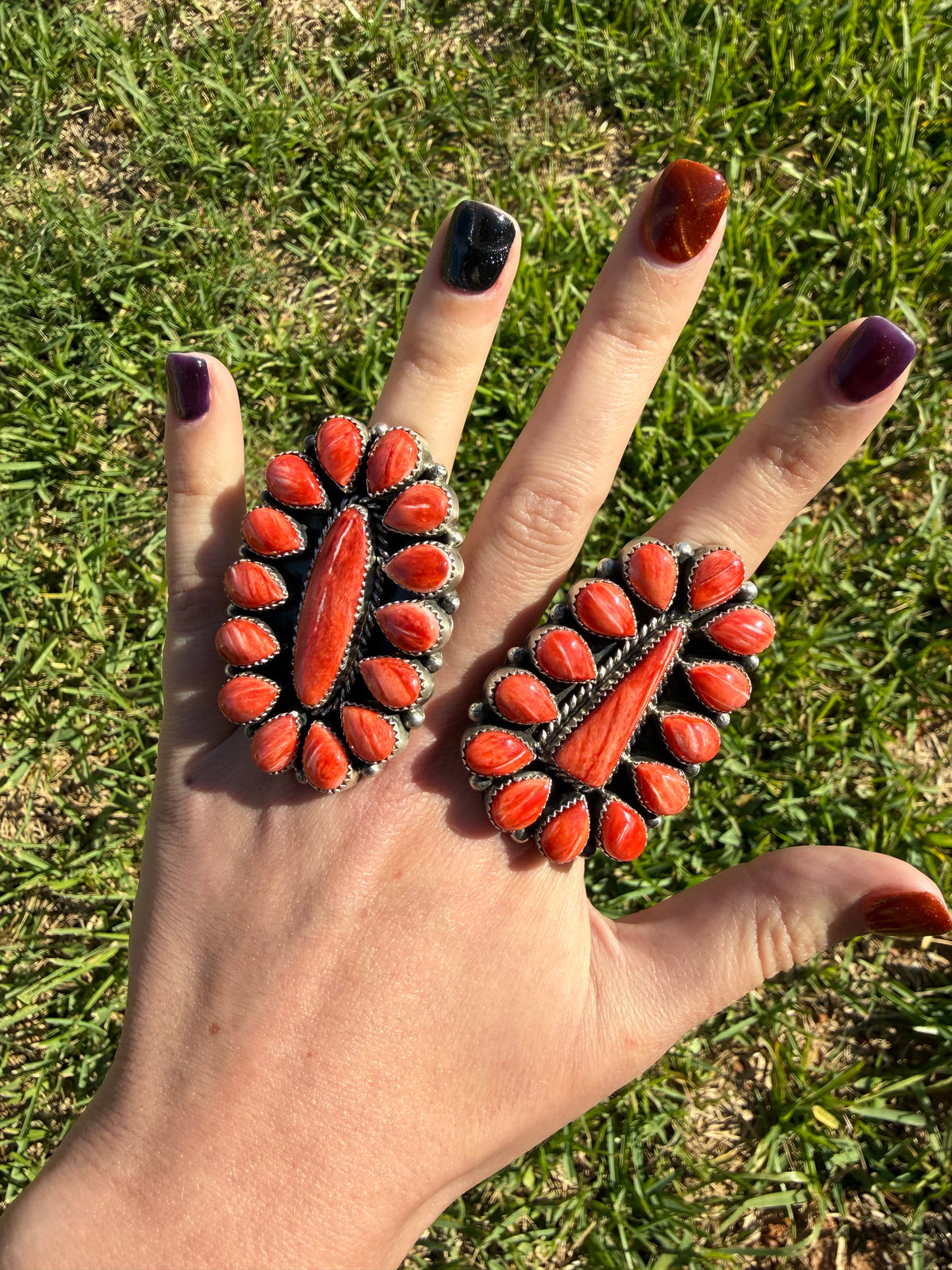 Navajo Red Spiny Big Statement Full Flower Cluster Sterling Silver Adjustable Ring