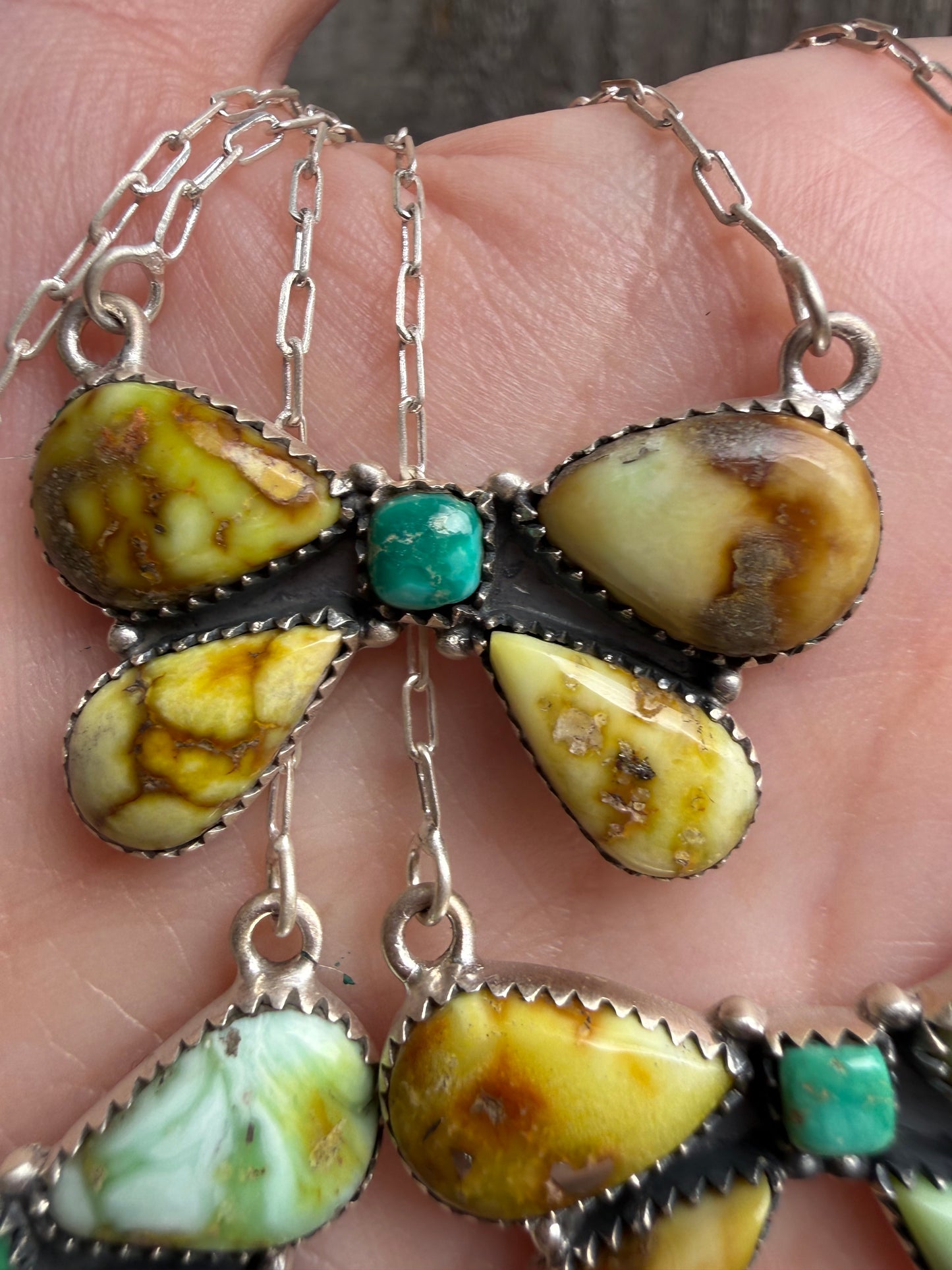 Palomino and Emerald Valley Turquoise Bow Sterling Silver Necklace