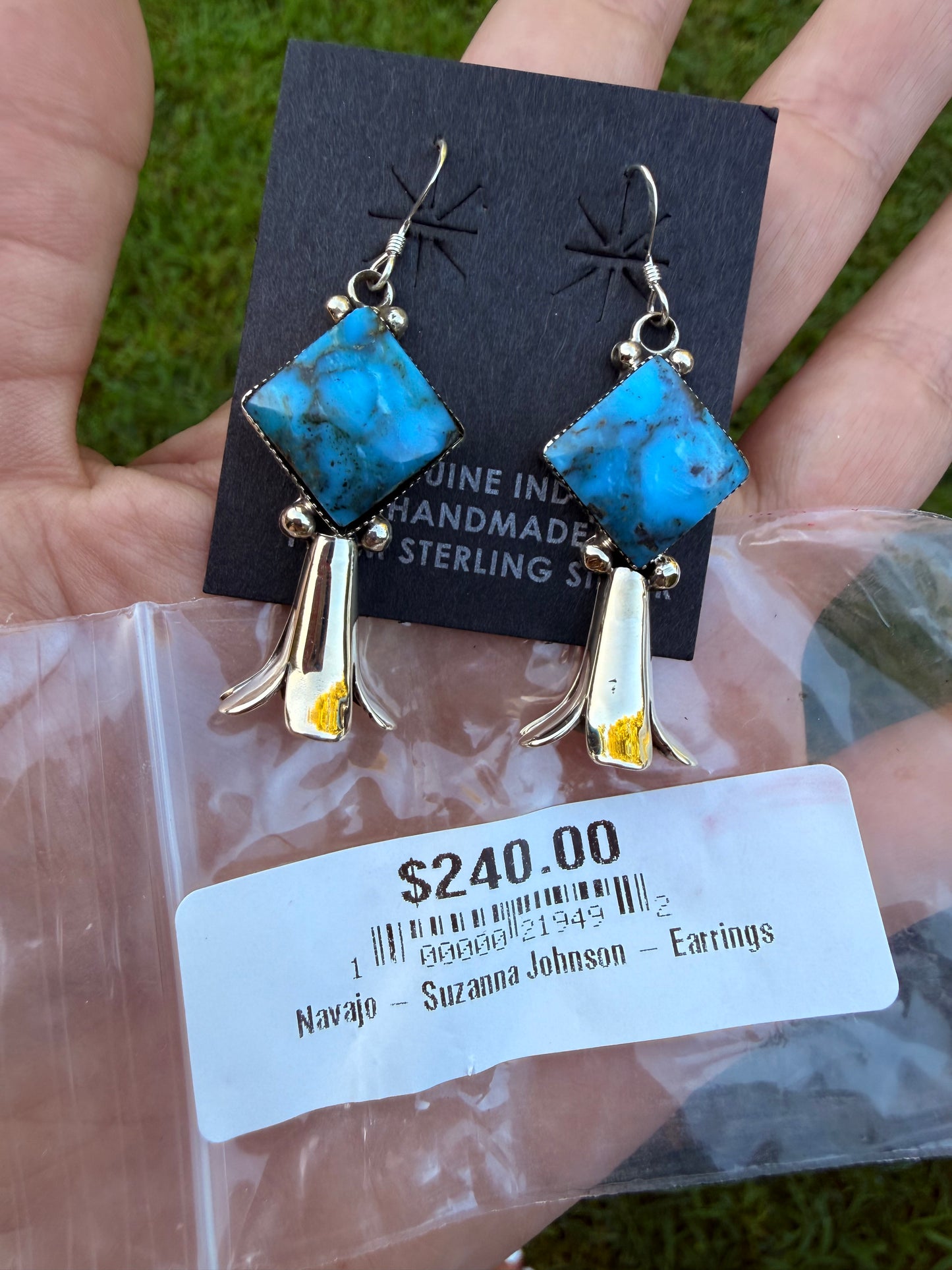 Navajo Turquoise Diamond Squash Horn Sterling Silver Earrings