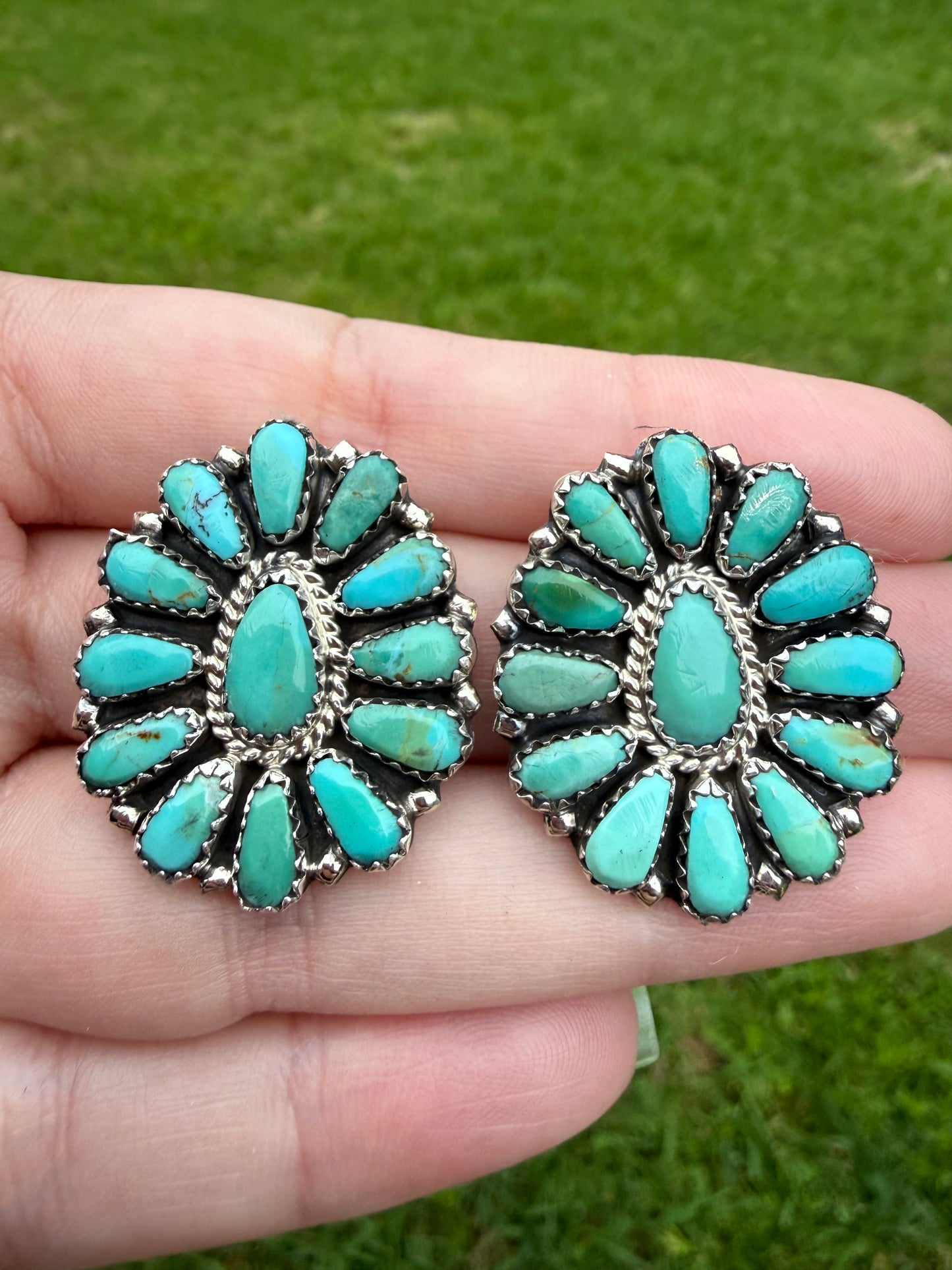 Native Turquoise Full Flower Sterling Silver Earrings