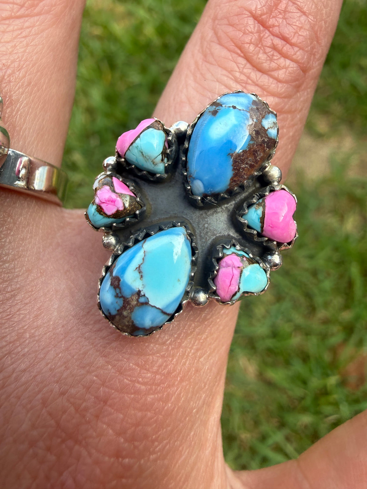 Golden Hills Turquoise and Cotton Candy Turquoise Sterling Silver Cluster Ring