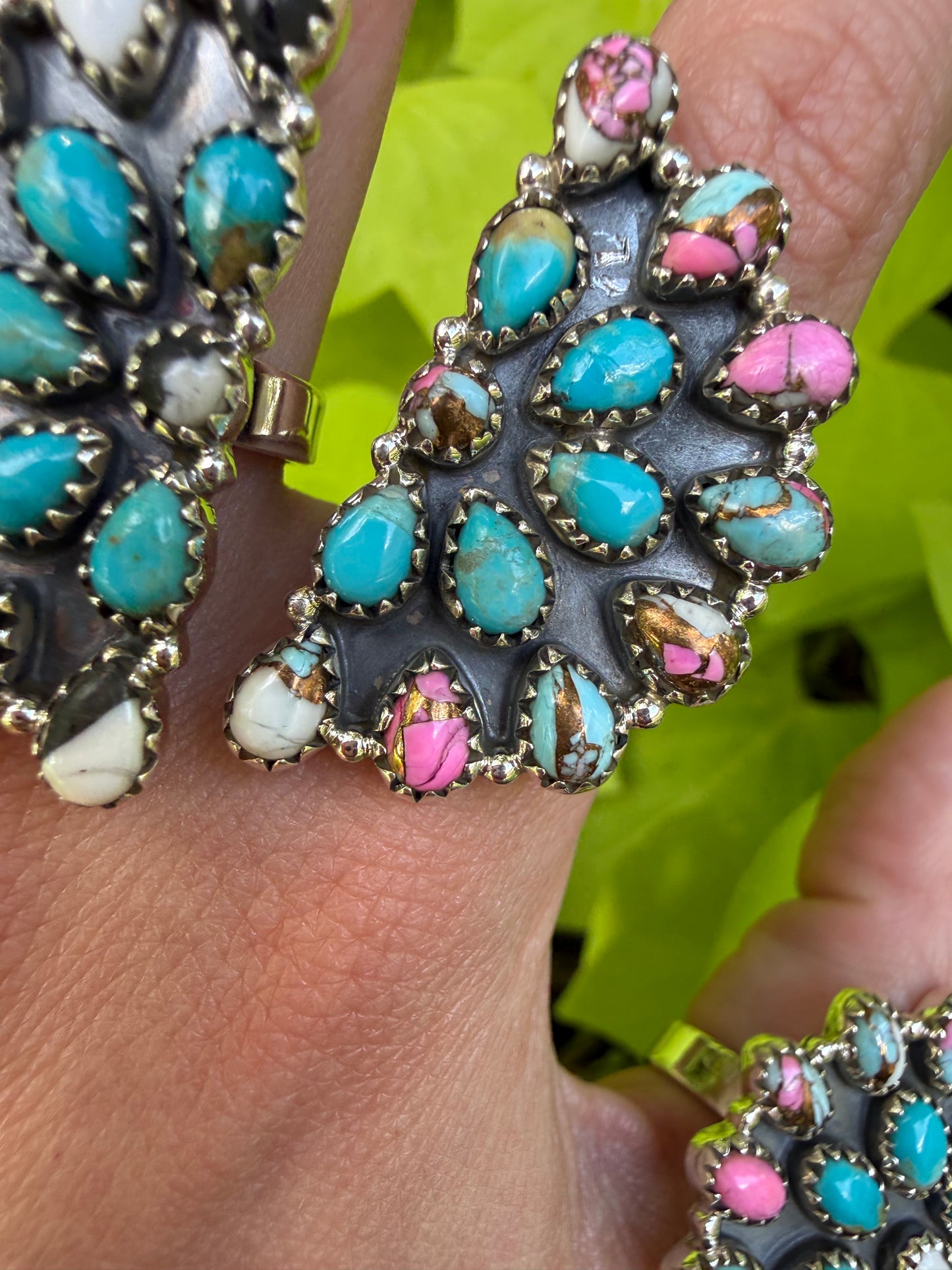 Cotton Candy, Kingman Turquoise, White Buffalo Half Circle Cluster Sterling Silver Adjustable Ring