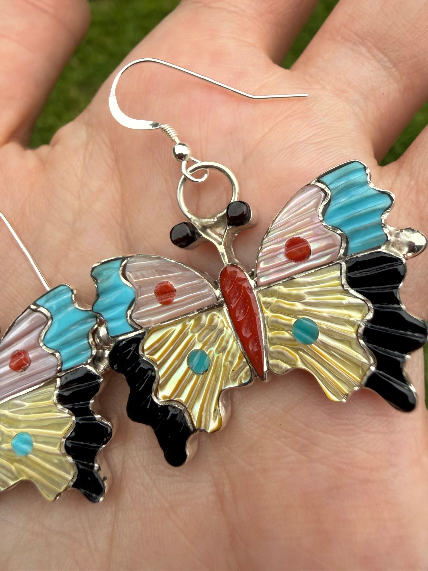 Zuni Butterfly Inlay Sterling Silver Multi Stone Earrings by Tamara Pinto