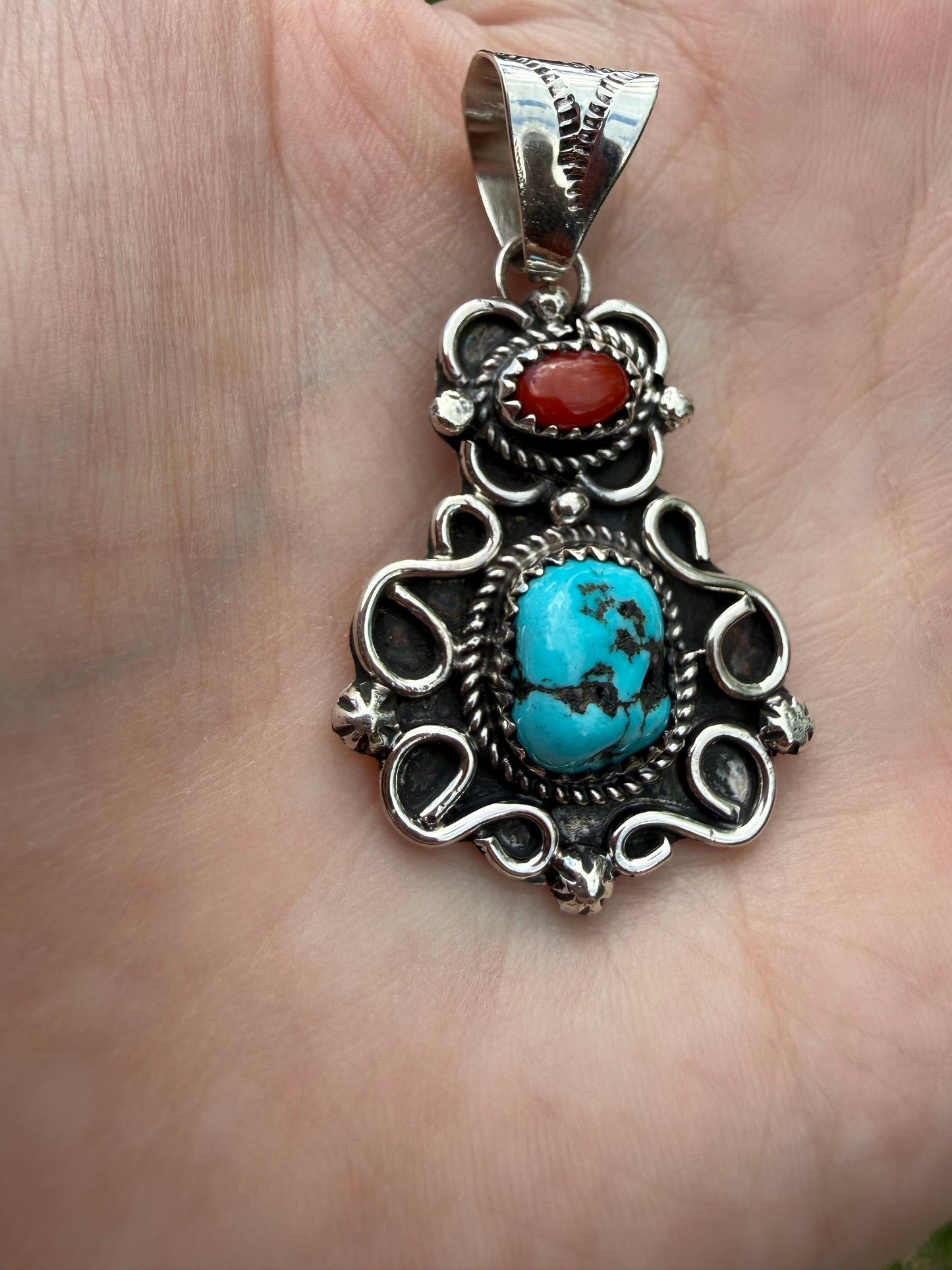 Navajo Coral And Turquoise Sterling Silver Pendant