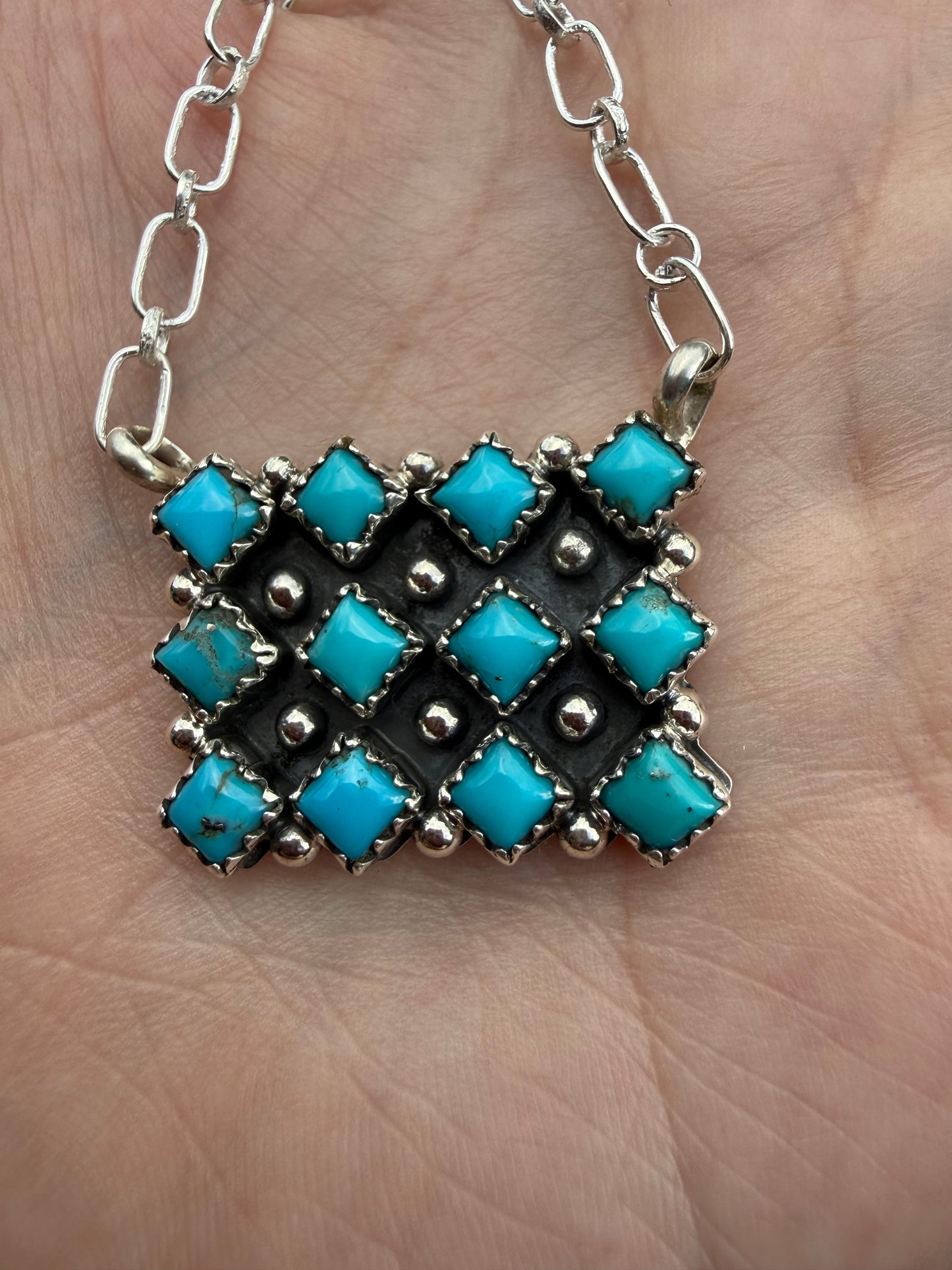 Navajo Turquoise Cluster Bar Sterling Silver Necklace by