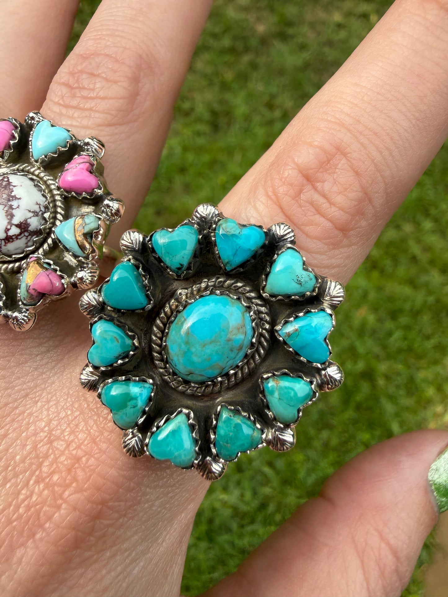 Kingman Turquoise, Cotton Candy and White Buffalo Wild Horse Heart Adjustable Ring