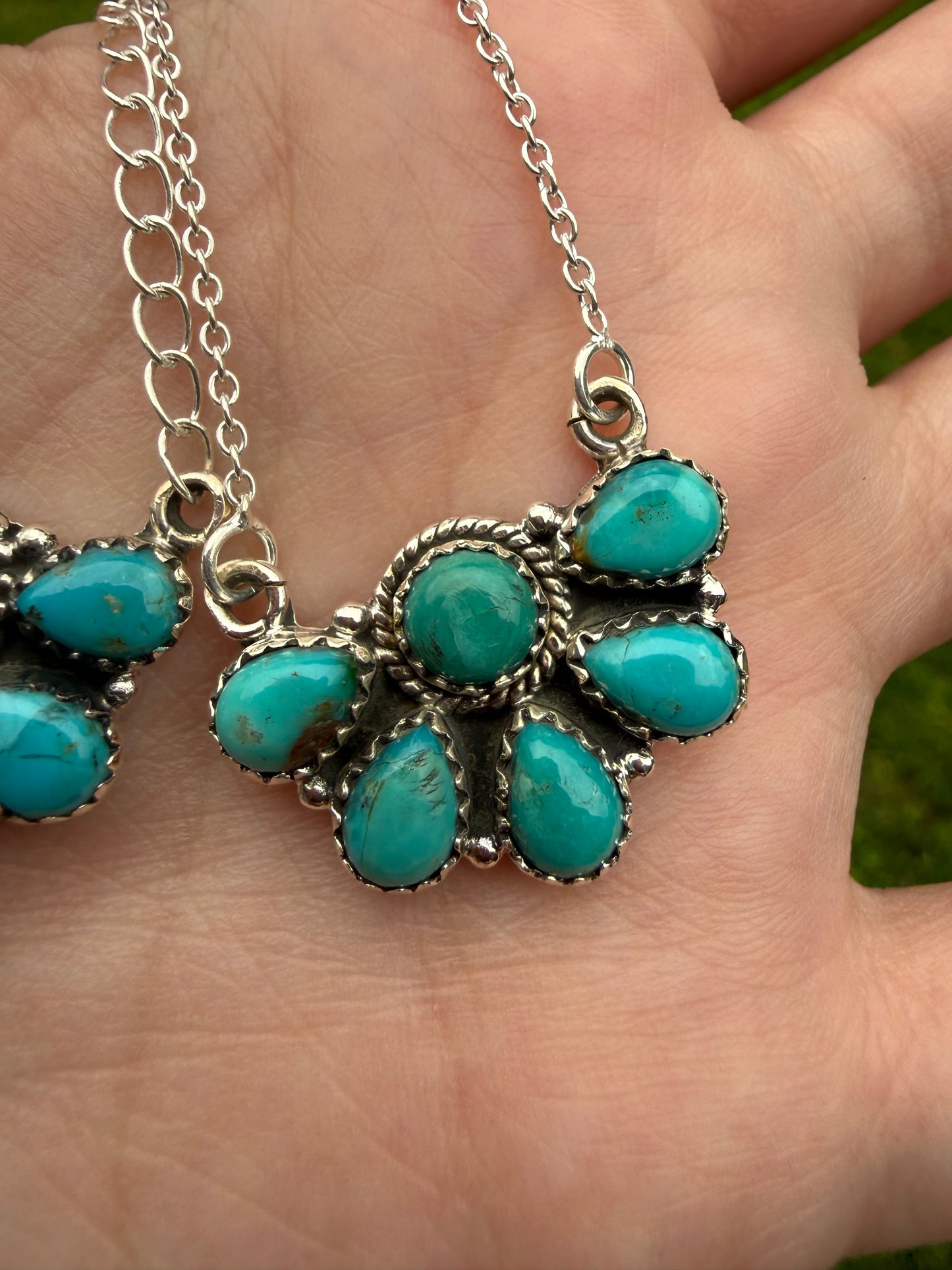 Kingman Turquoise Classic Half Cluster Sterling Silver Necklace