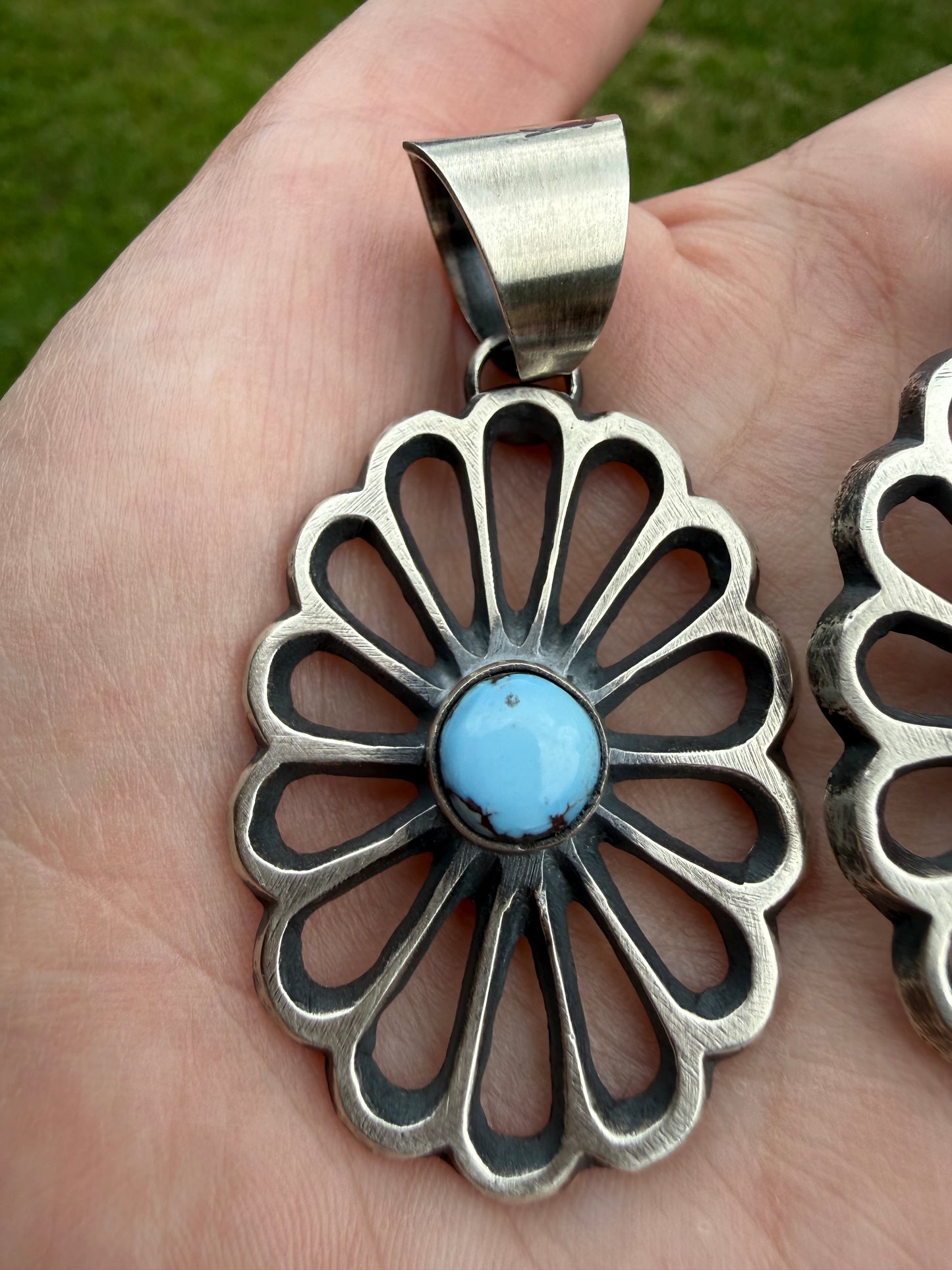 Navajo Chimney Butte Sterling Silver Flower with Stone Accent Pendant