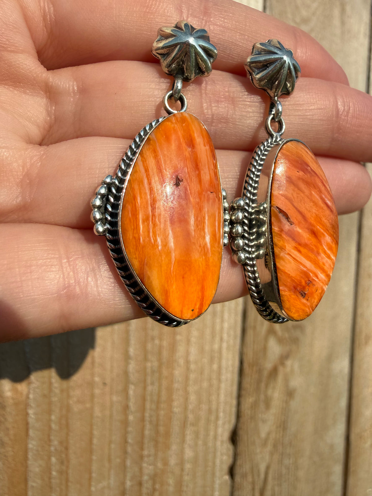 Navajo Orange Spiny Peyote Button Sterling Silver Big Drop Earrings