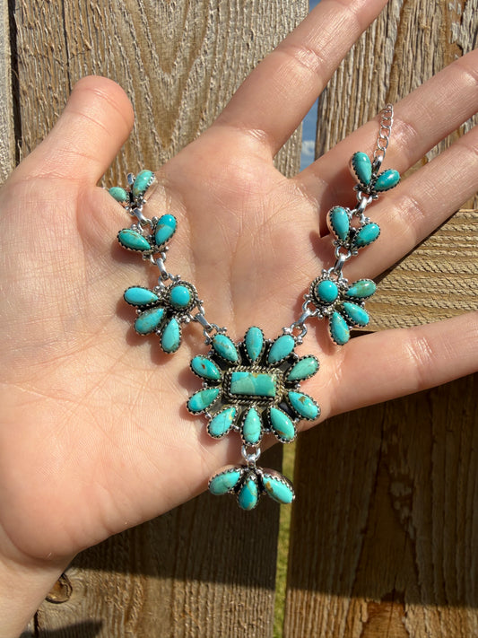 Kingman Turquoise Multi Cluster Sterling Silver Necklace