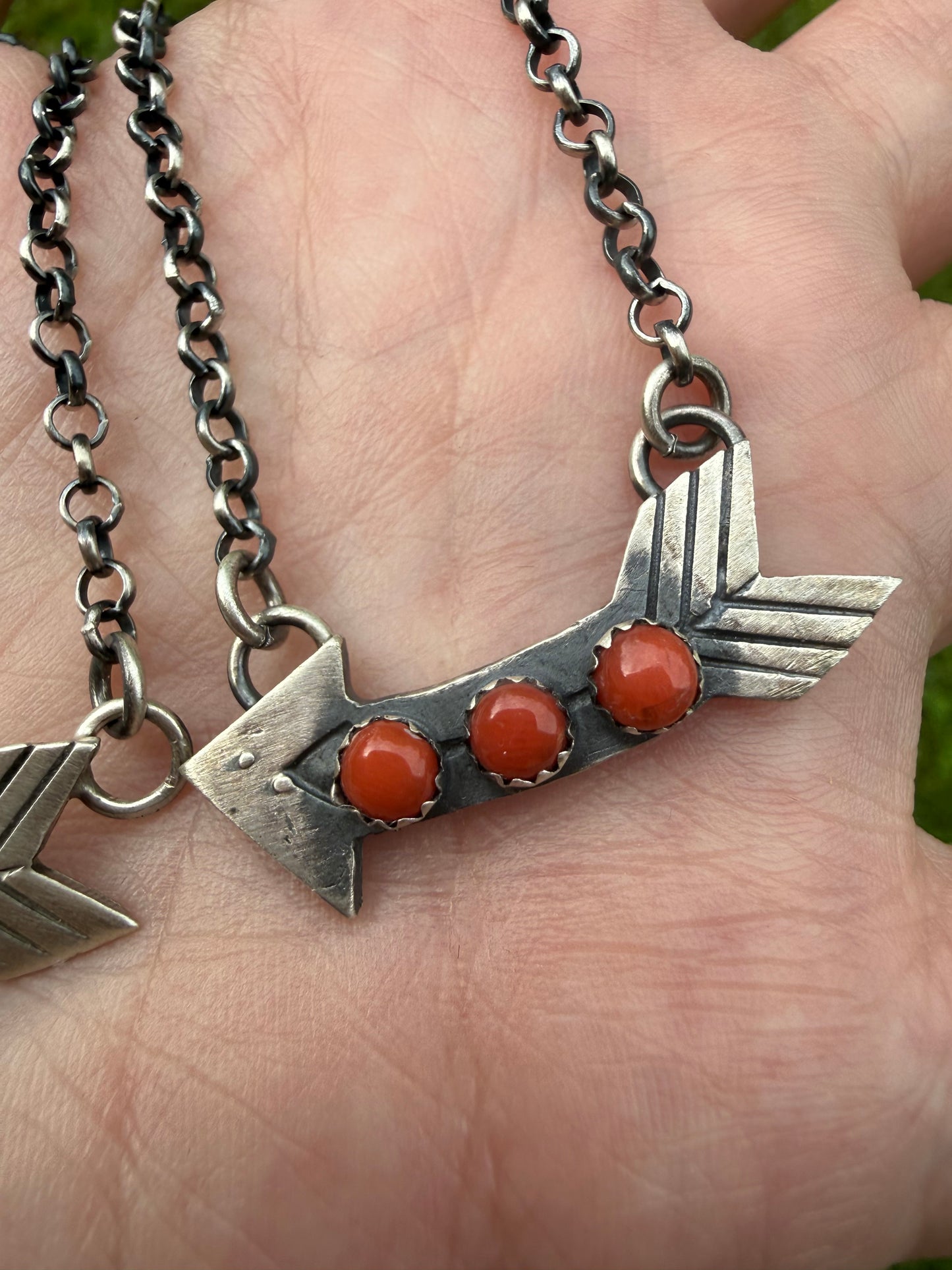 Native Coral or Multi Stone Arrow Sterling Silver Necklace