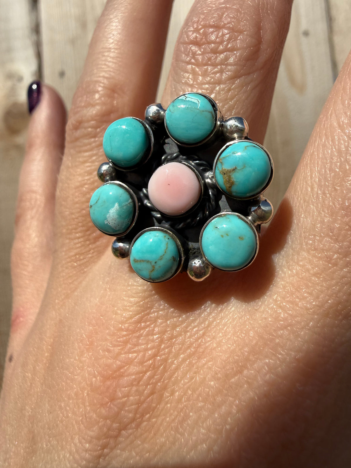 Navajo Turquoise and Pink Conch Full Flower Sterling Silver Ring - Size 6