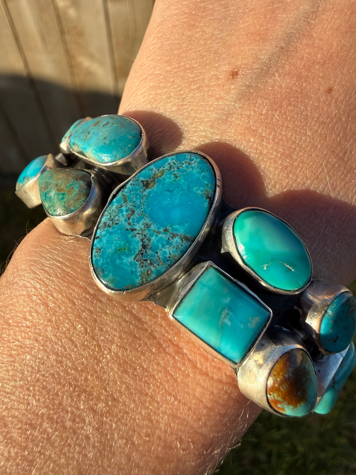 Navajo Turquoise Natural Stone Cluster Cuff Sterling Silver Bracelet