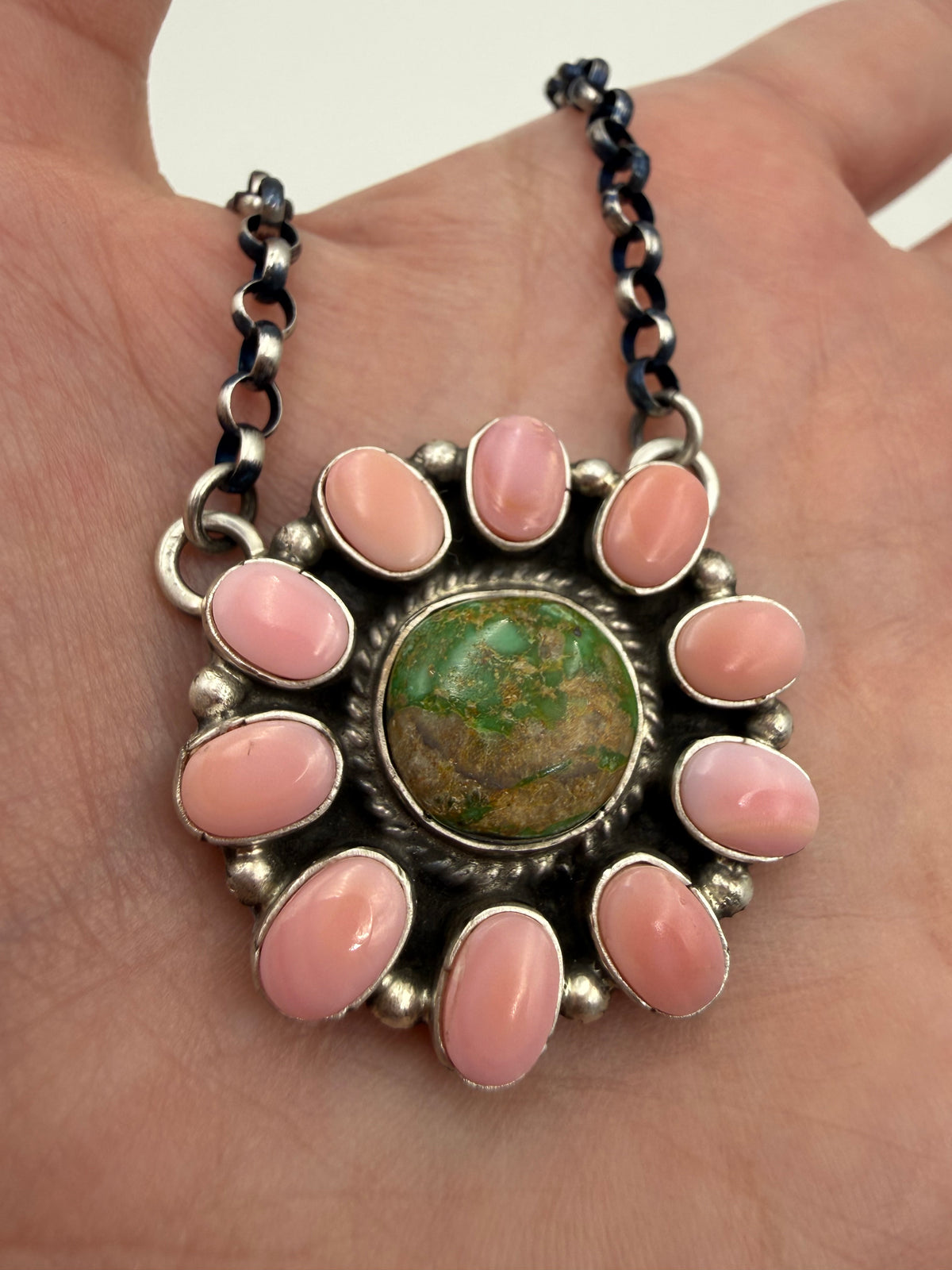 Navajo Sonoran Gold Turquoise and Pink Conch Full Flower Sterling Silver Necklace