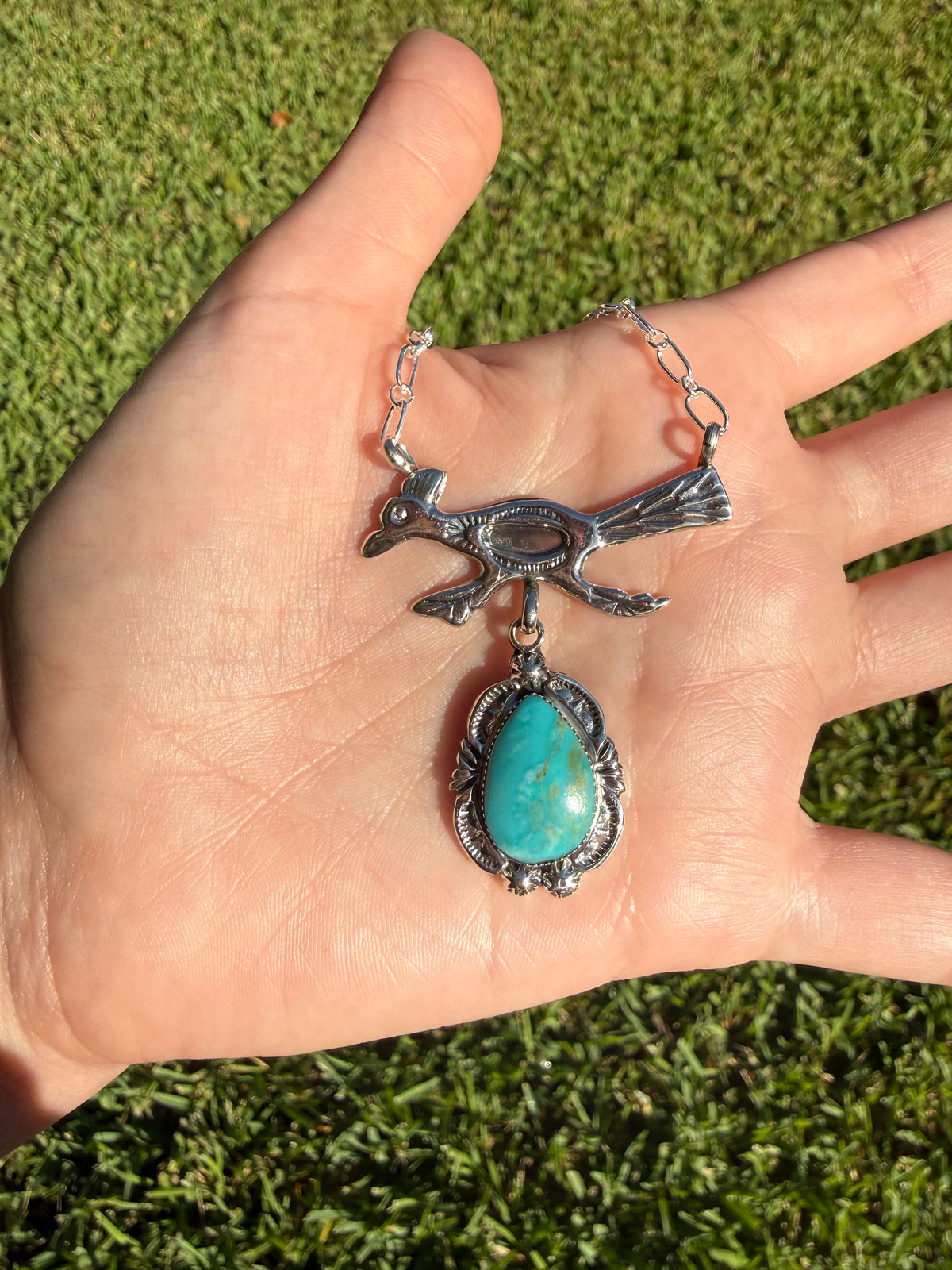 Navajo Roadrunner Turquoise Lariat Sterling Silver Necklace