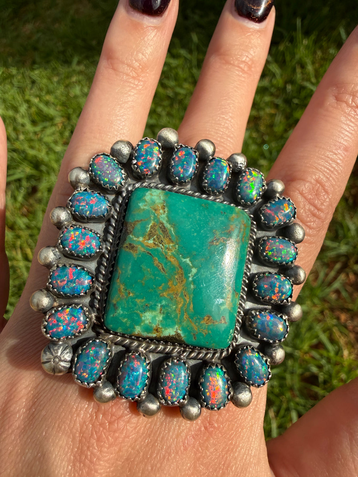 Navajo Turquoise and Balloon Opal Big Mama Square Sterling Silver Adjustable Statement Ring