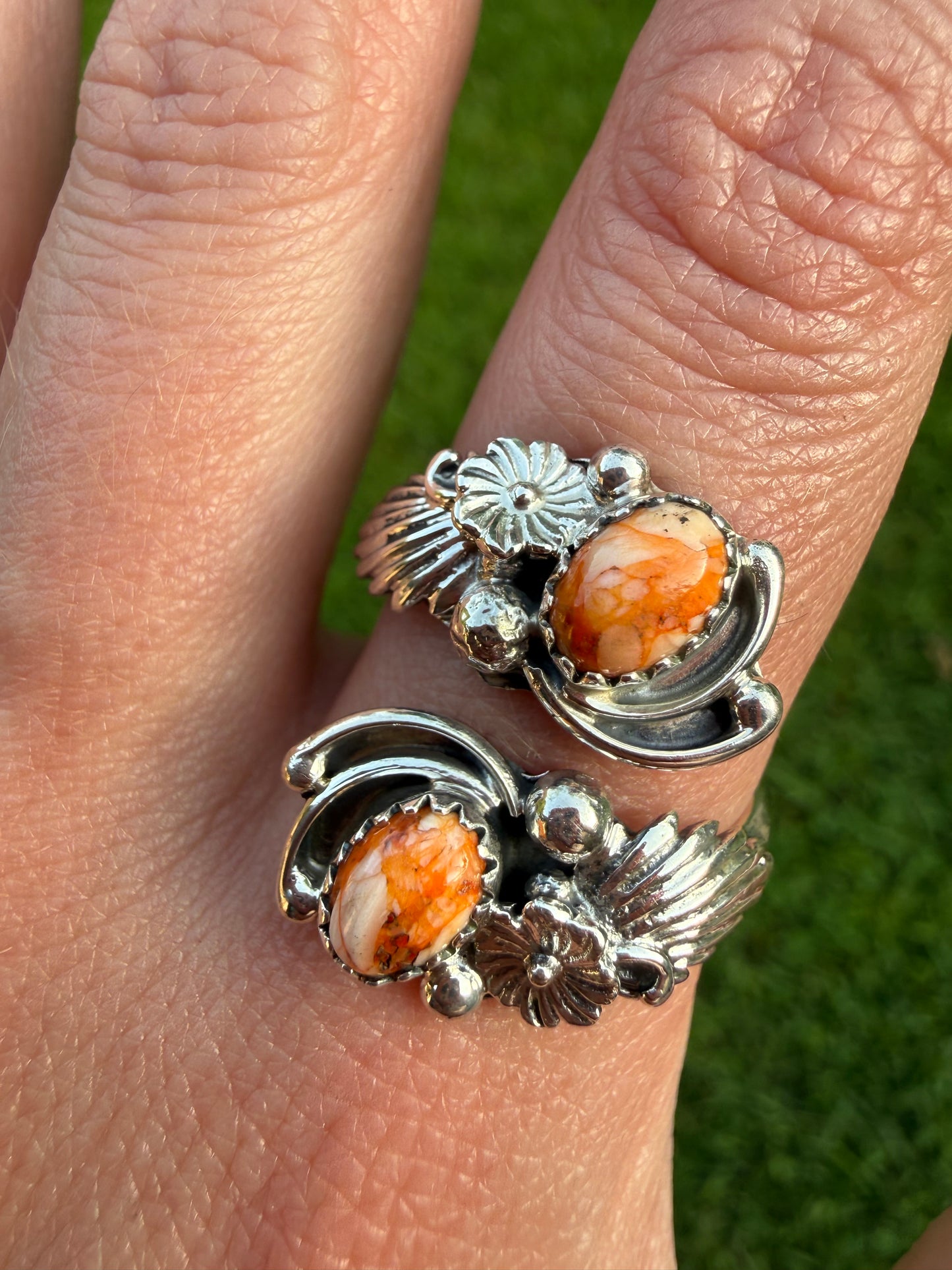 Navajo Orange Spiny Double Stone Sterling Silver Floater Ring