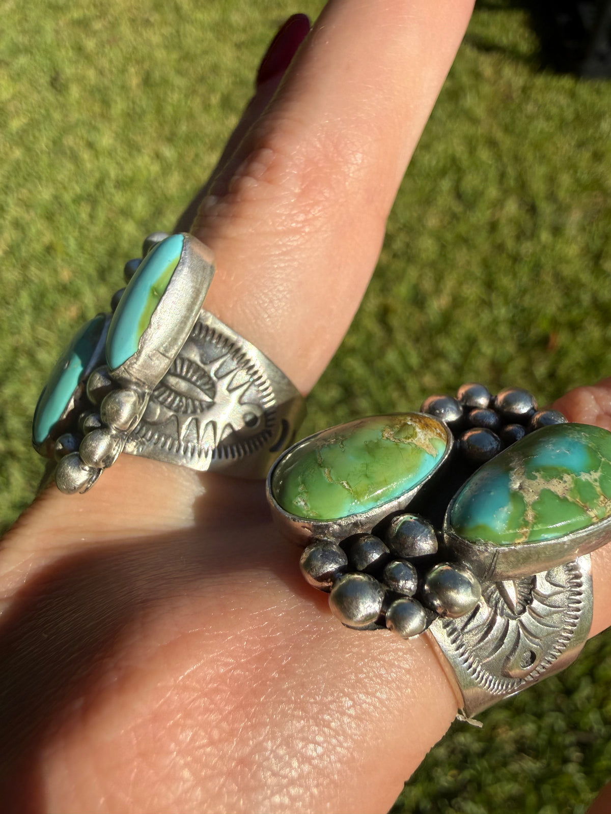 Navajo Sonoran Gold Turquoise Double Stone Ball Work Cluster Ring