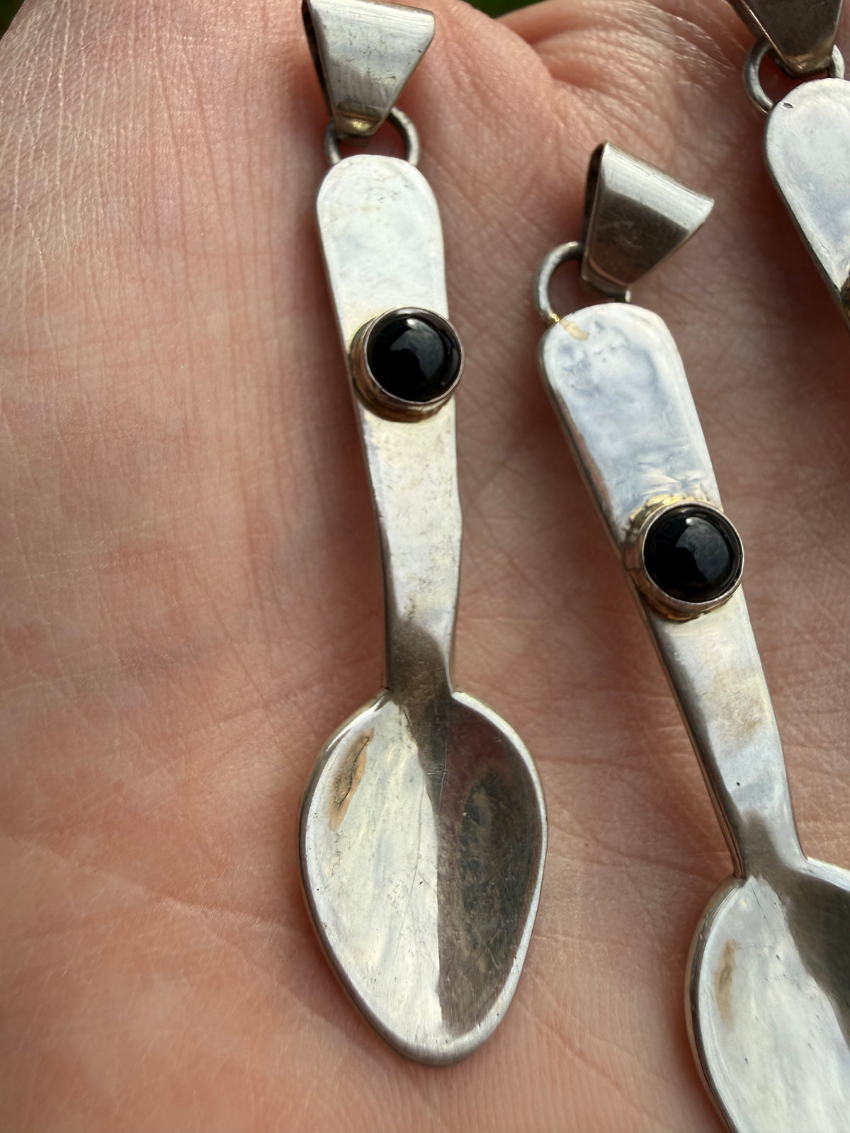 Navajo Spoon Black Onyx or Blue Lapis Sterling Silver Pendant