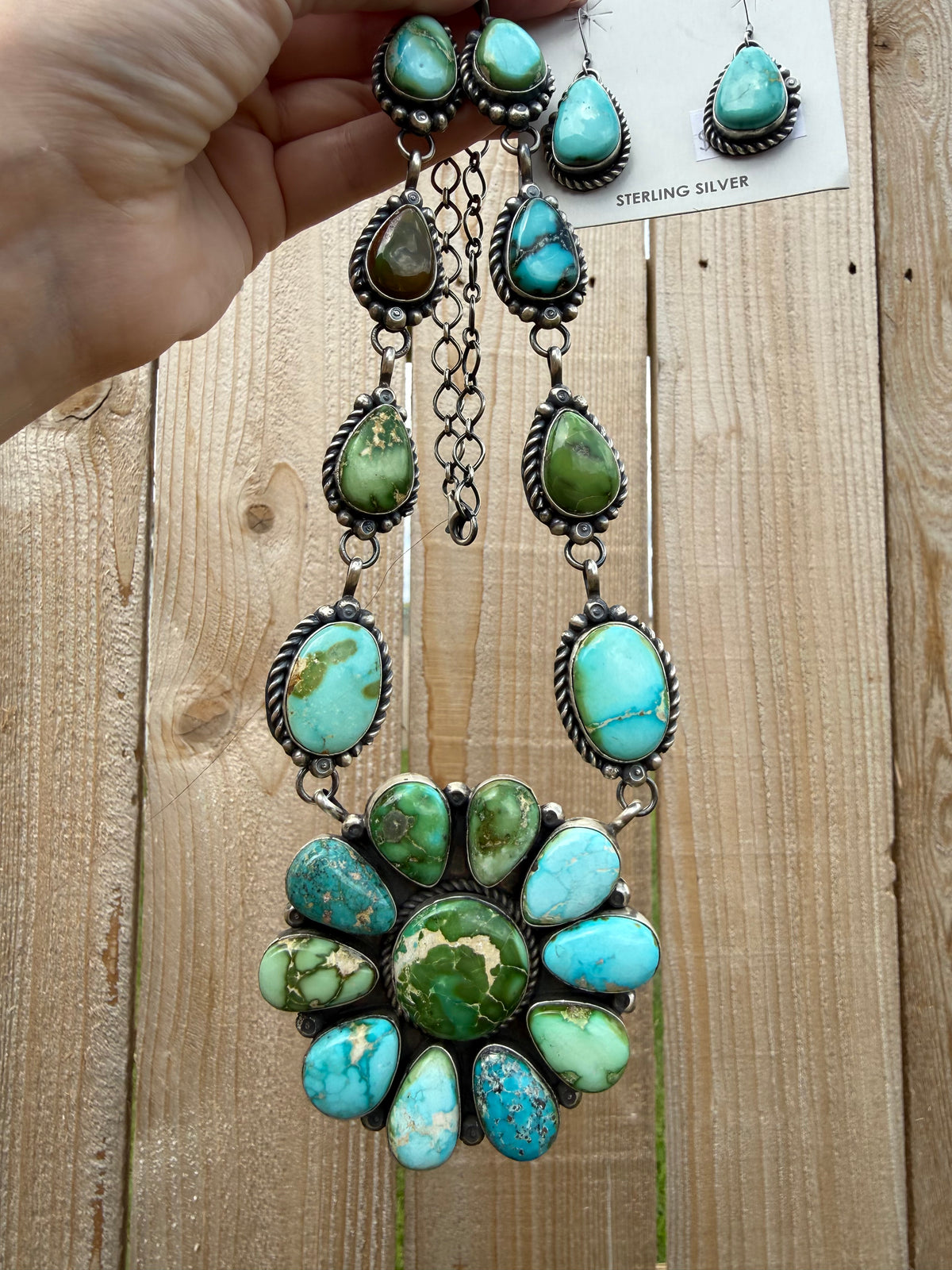Navajo Sonoran Gold Turquoise Sterling Silver Full Flower Statement Necklace and Earrings