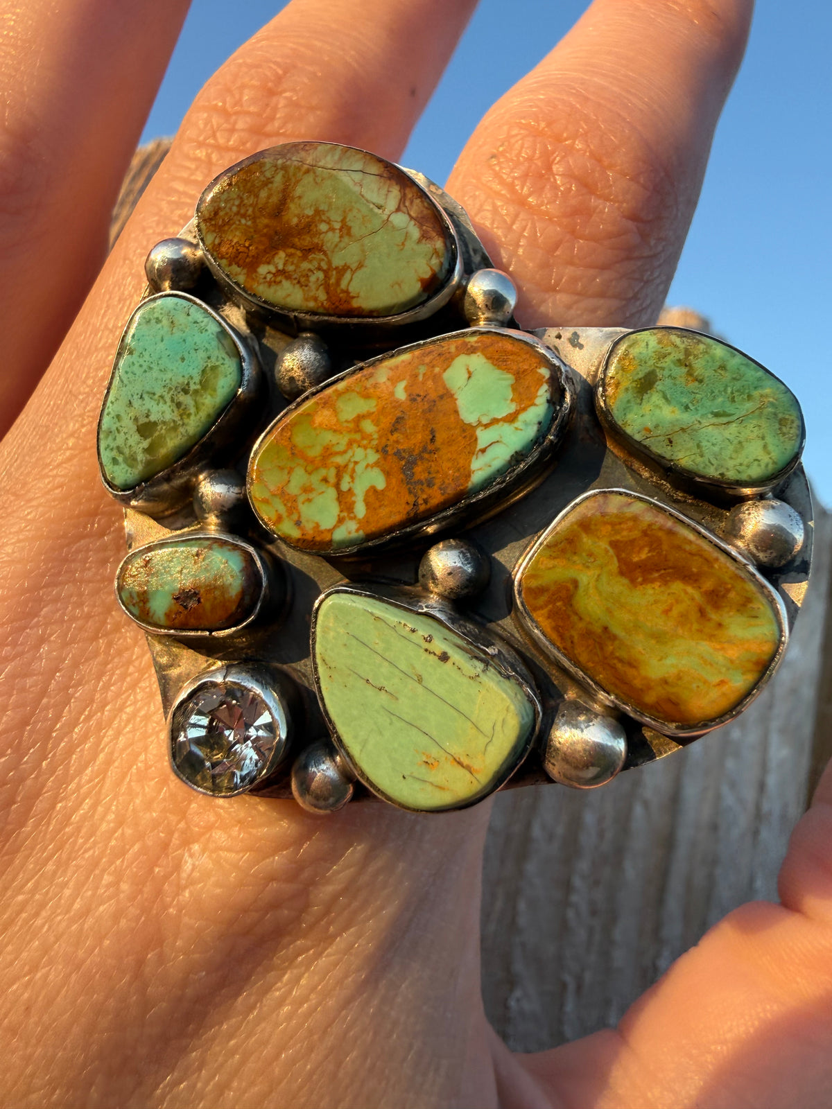 Navajo Turquoise Cluster with Crystal Heart Cluster Sterling Silver Ring