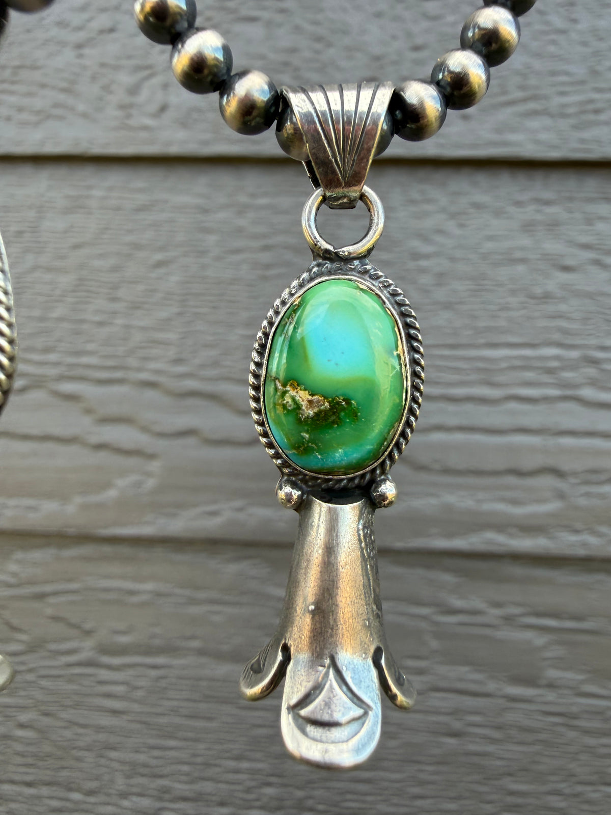 Navajo Premium Turquoise Squash Horn Sterling Silver Pearl Necklace by Sharon McCarthy