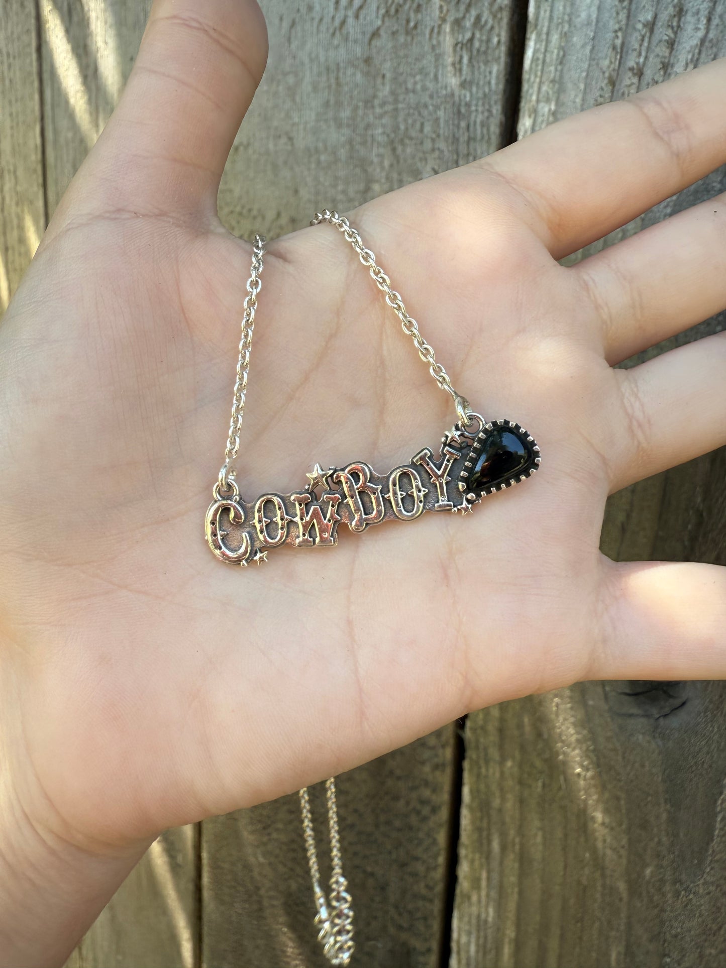 Black Onyx Cowboy Plate Sterling Silver Bar Necklace
